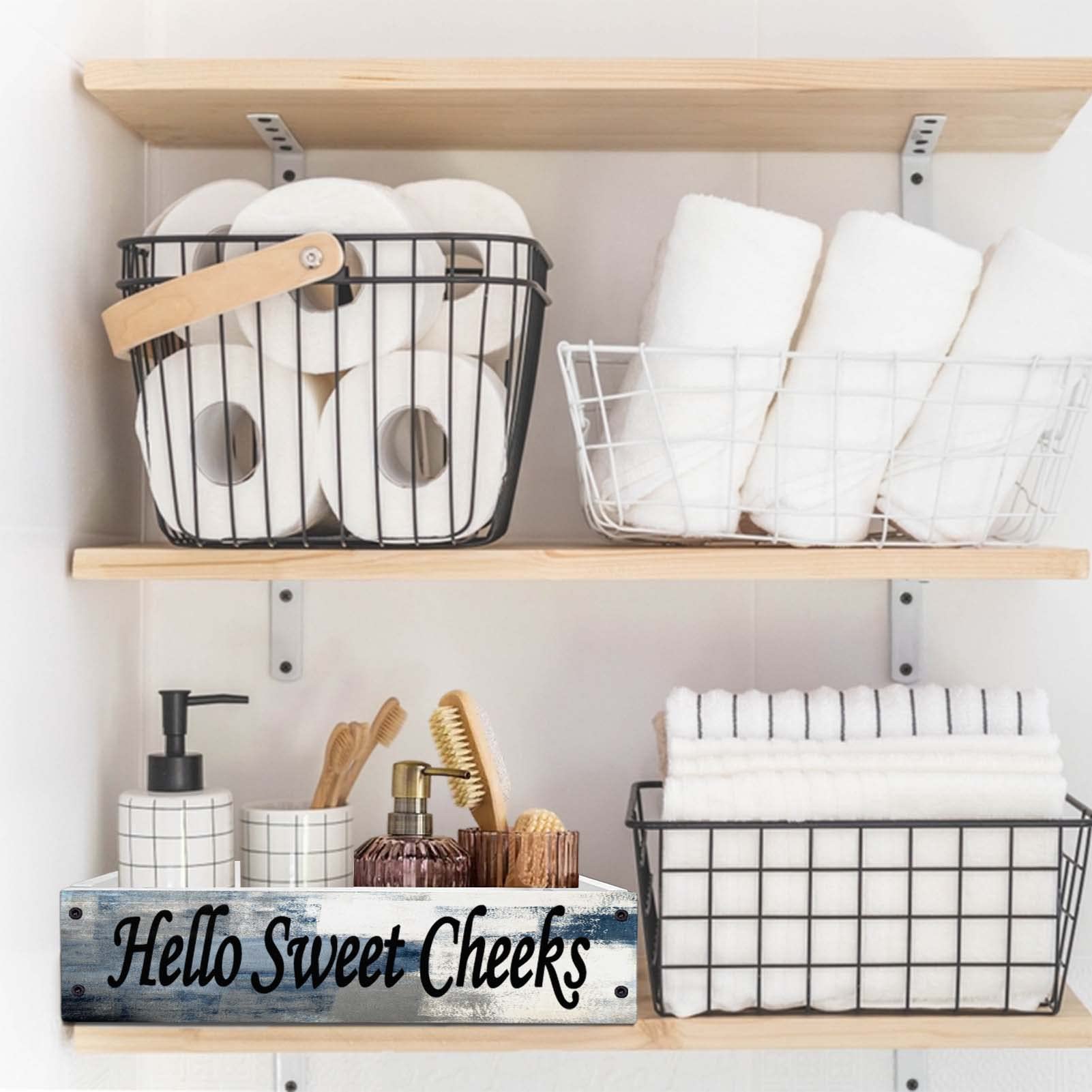 Lnond Rustic Bathroom Decor Box, Bathroom Toilet Tank Tray Storage Basket, Hello Sweet Cheeks Bathroom Wooden Toilet Paper Baske