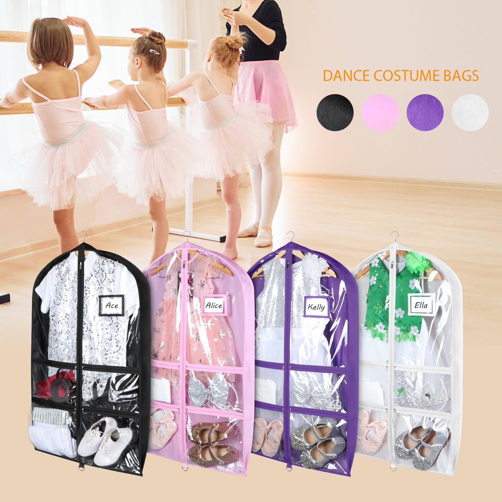 Syeeiex 3 Gusseted Clear Dance Costume Garment Bag, 40 Dance Garment Bags for Dancers with 4 Zippered Pocket & Can Hold 1-3 Da