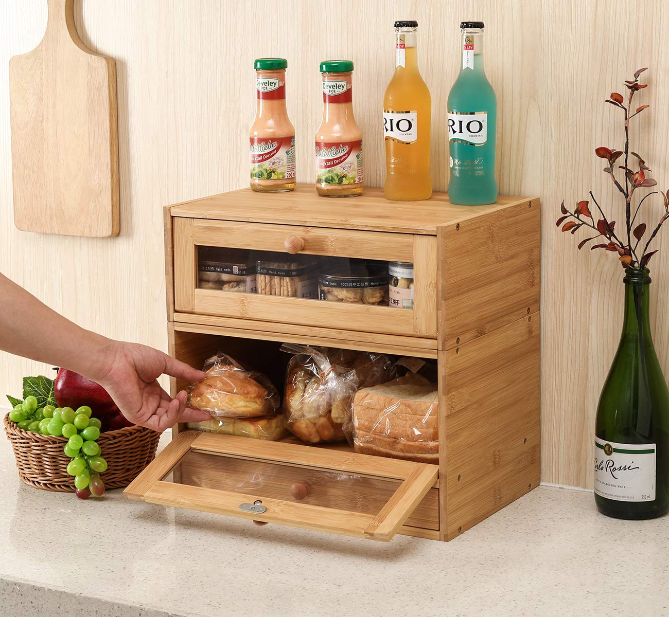 Izlif Bread Box For Kitchen Countertop Removable 2 Layer Natural Bamboo Bread Storage Container With Window And Utensil Flatware