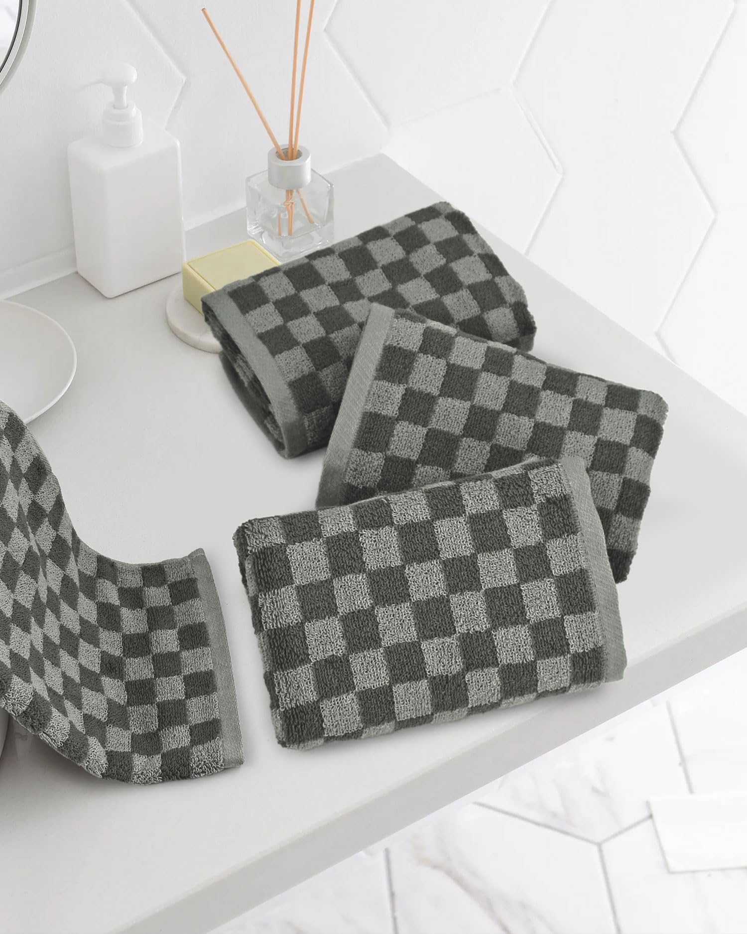 Jacquotha Soft Hand Towels 4 Pack, Grey Checkered Face Towel Set For Bathroom Kitchen, Decorative Quick Dry Towel 13X29 Inches