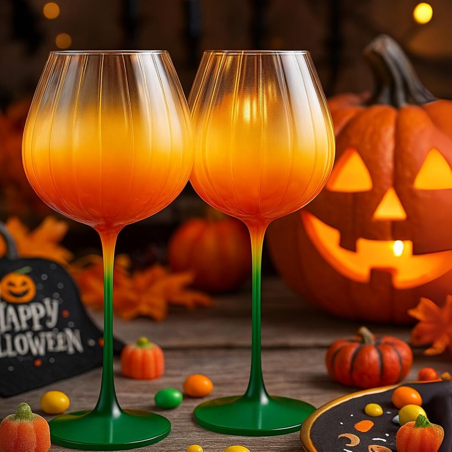 Khen Pumpkin Wine Glasses Fall Inspired Lightweight - Set of 2 Orange & Green