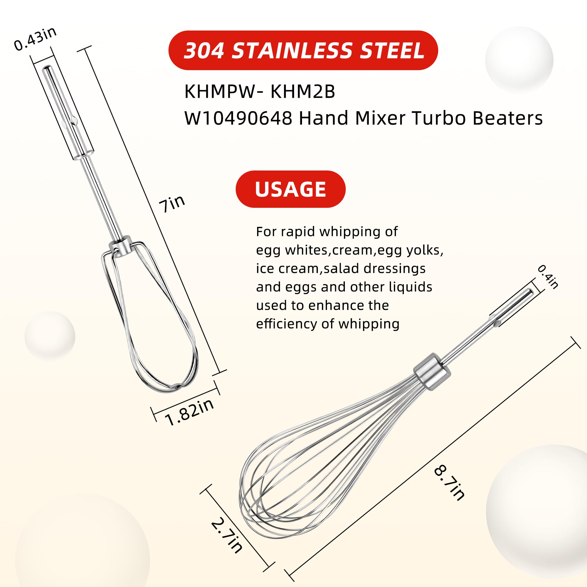 Fetechmate Khm2B W10490648 Hand Mixer Turbo Beaters (2 Pack) & Khmpw Stainless Steel Pro Whisk(2 Pack)-Replace Ap5644233, Ps4082