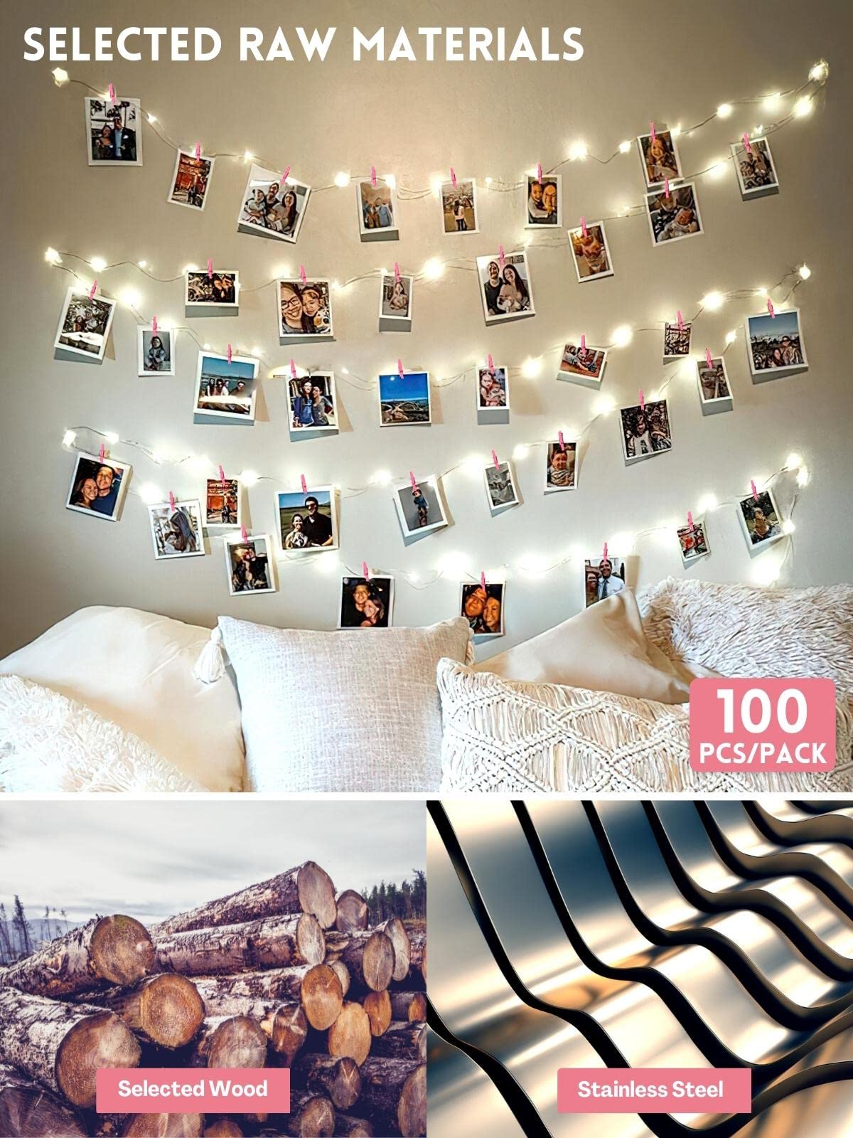 Mini Clothes Pins For Photo, Sturdy Natural Wooden Clothespins 150 Pcs 1 Inch With 33 Ft Jute Twine, Small Clips For Crafts Disp