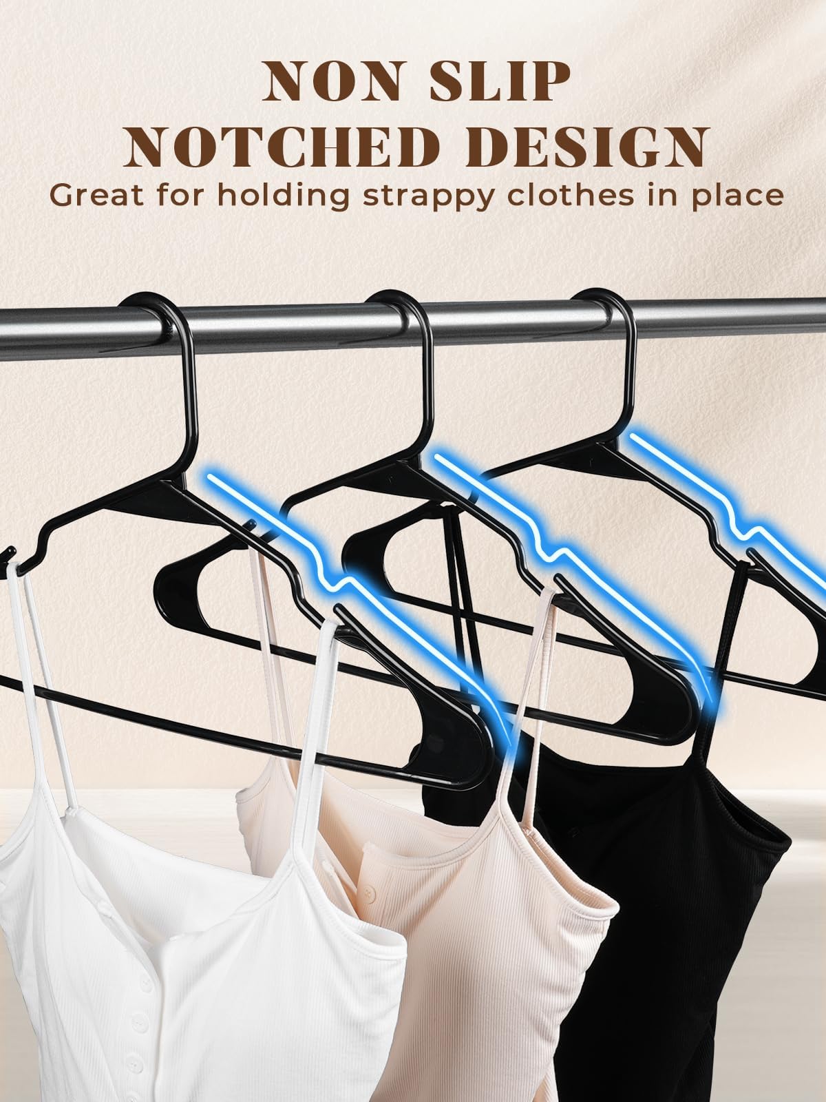House Day Black Plastic Hangers 50 Pack With 20 Pack Hanger Connector Hooks, Premium Slim Clothes Notched Hangers Space Saving,