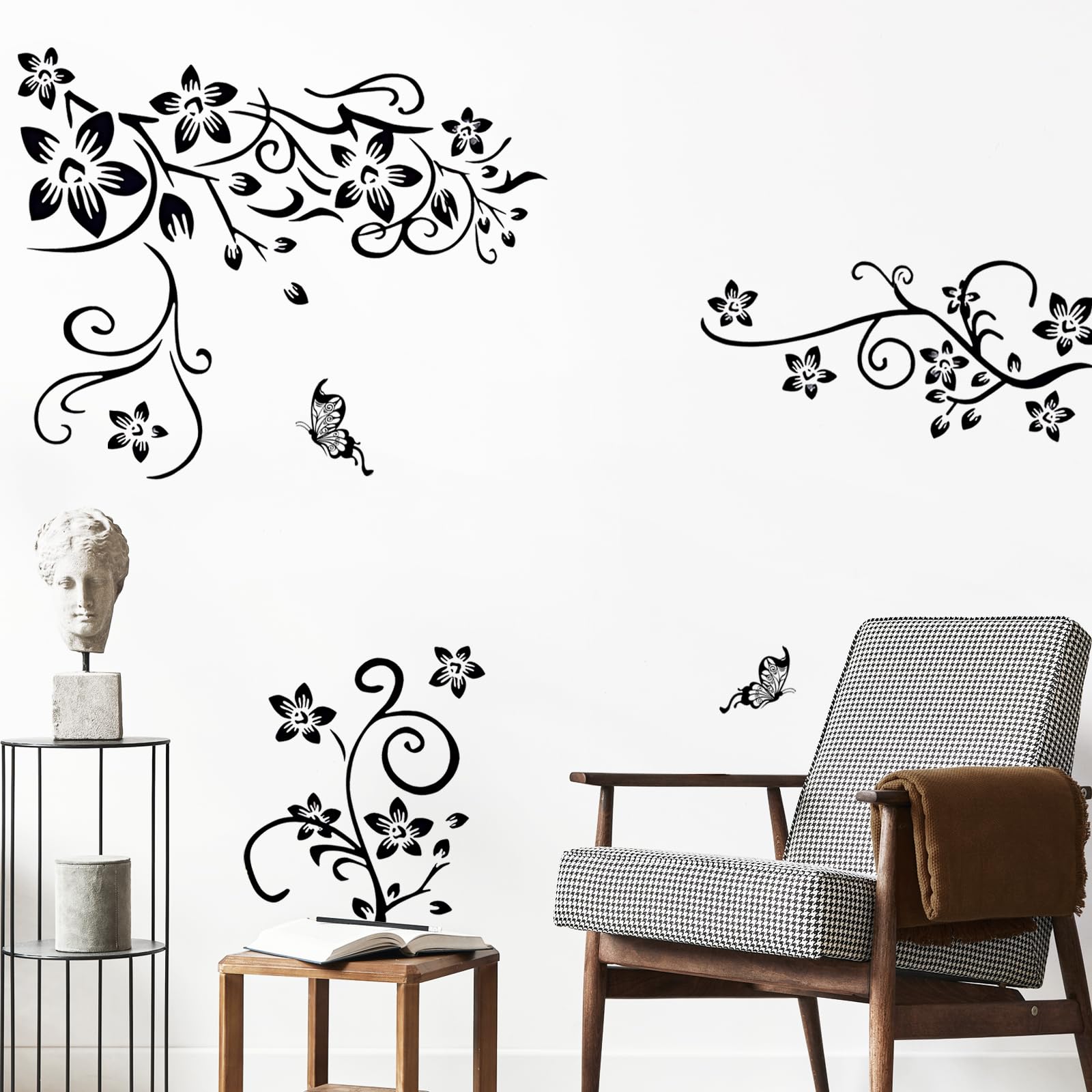 Supzone Flowers Vine Wall Decals Black Flowers Wall Stickers Butterfly Wall Decor Removable Vinyl Diy Home Wall Art Stickers For