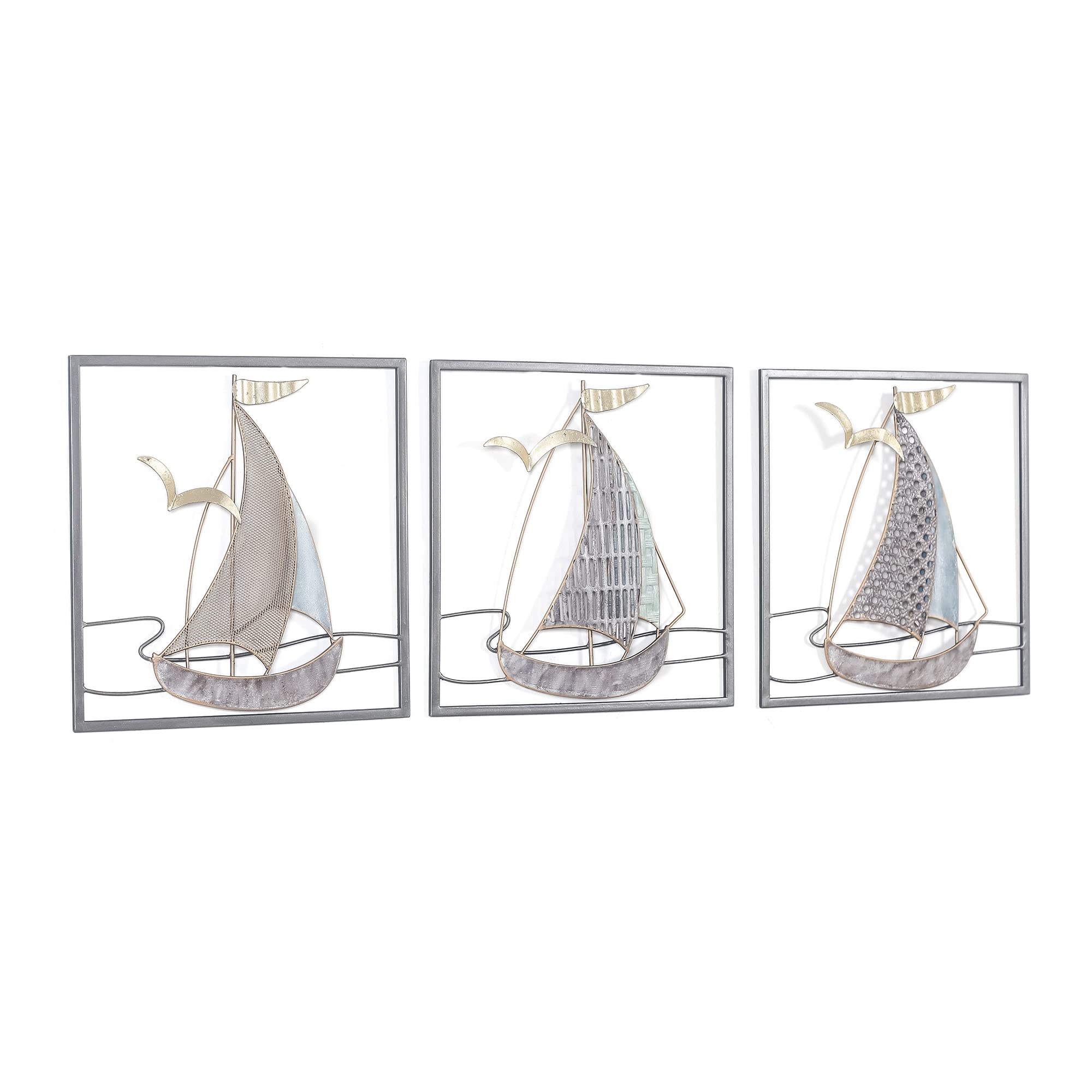 Adeco 3D Metal Sailboat Wall Art Set of 3, Handmade Antique Finishing 24 inch Metal Wall Sculptures Nautical Decor Ornaments for