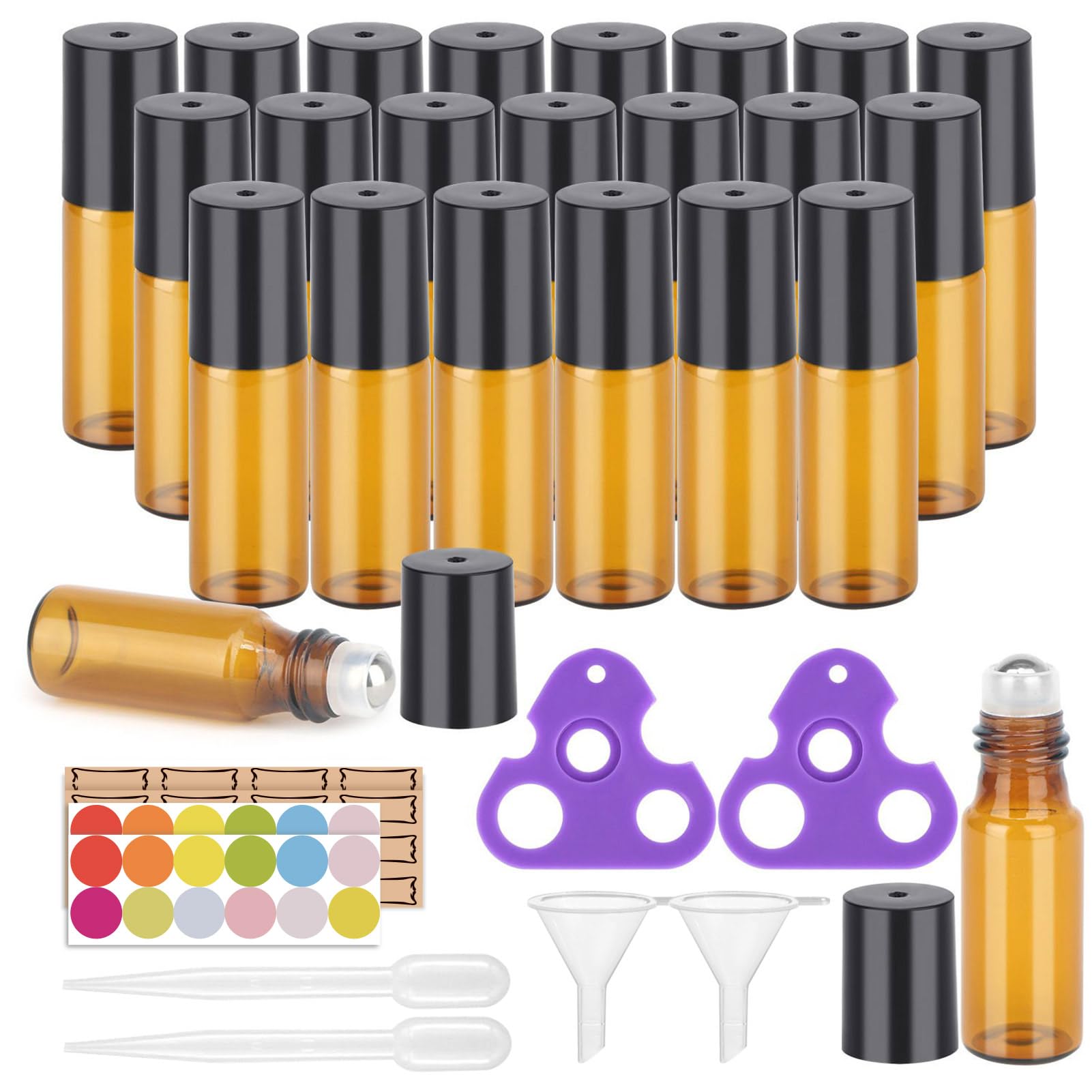 Easytle Essential Oil Roller Bottles  24 Pack Amber Glass Roller Bottles 5ml  Roller Balls for Essential Oils  Roll on Bottles (96 Pieces Labels  4 Funnels  4 Dropper  2 Opener)