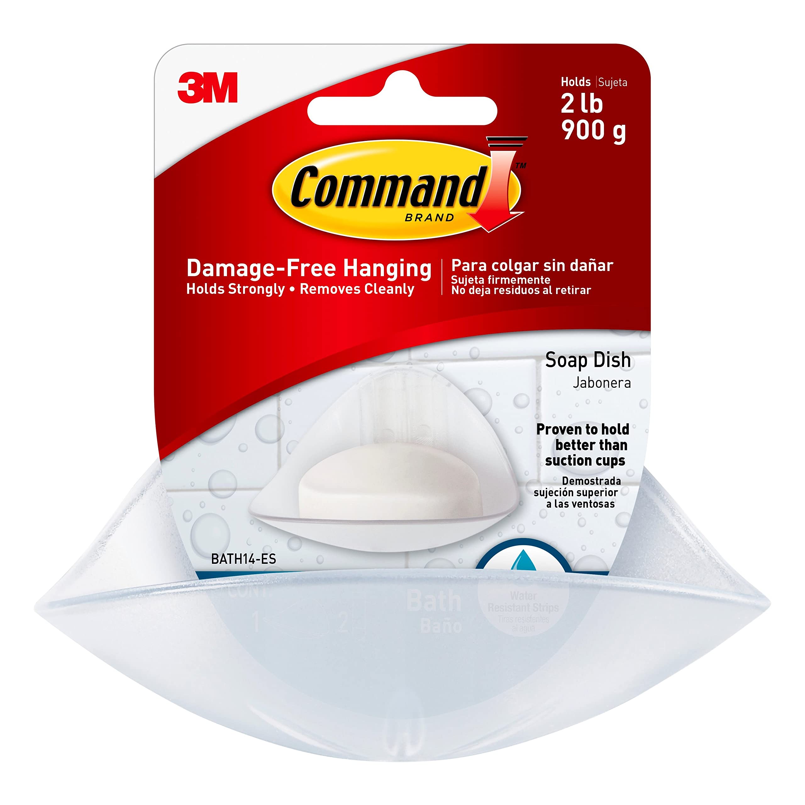 Command Bath Soap Dish With Water-Resistant Adhesive, 2 Lb Capacity, 1 Dish, 2 Strips, Bath14-Es