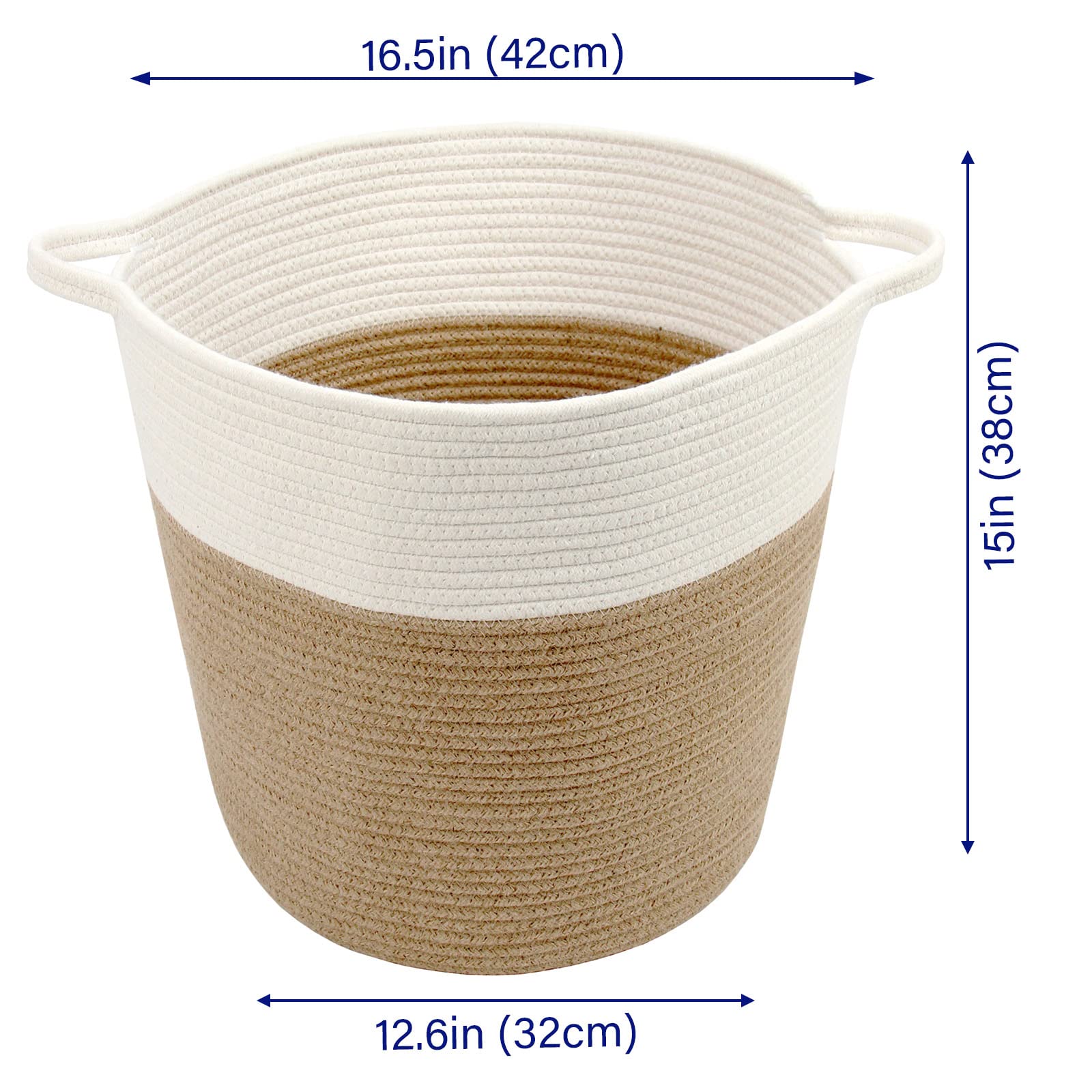 Casaphoria Natural Woven Cotton Rope Storage Basket Jute Laundry Basket for Bedroom  for Organizing Towels Blanket Basket for Bathroom Bicolor Round Blending Woven Hampe with Handles for Living Room