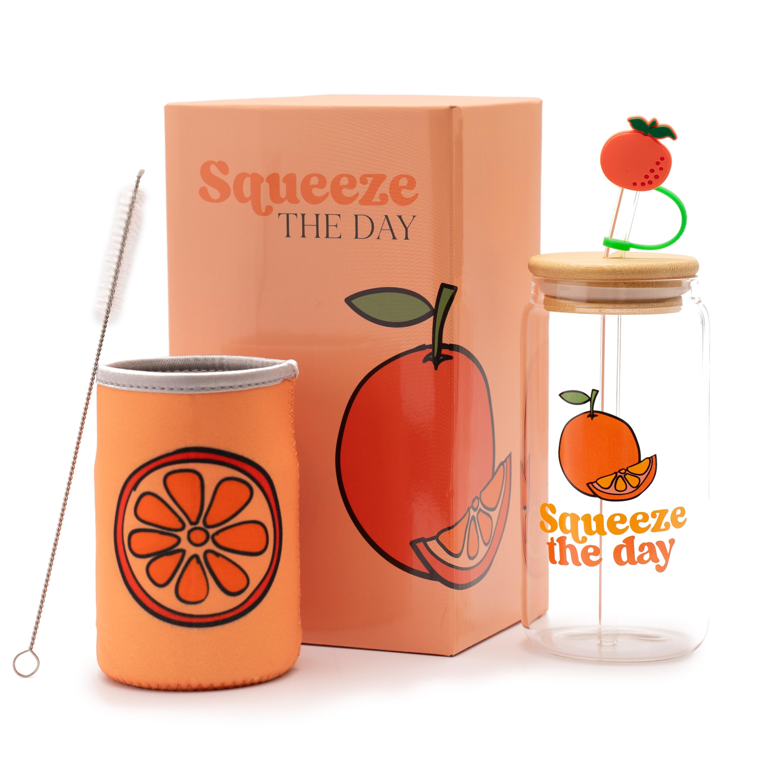 The Love Crate Co. Orange Gifts for Women - Glass Tumbler with Lid and Straw, Customized Straw Stopper and Cup Sleeve. Aesthetic