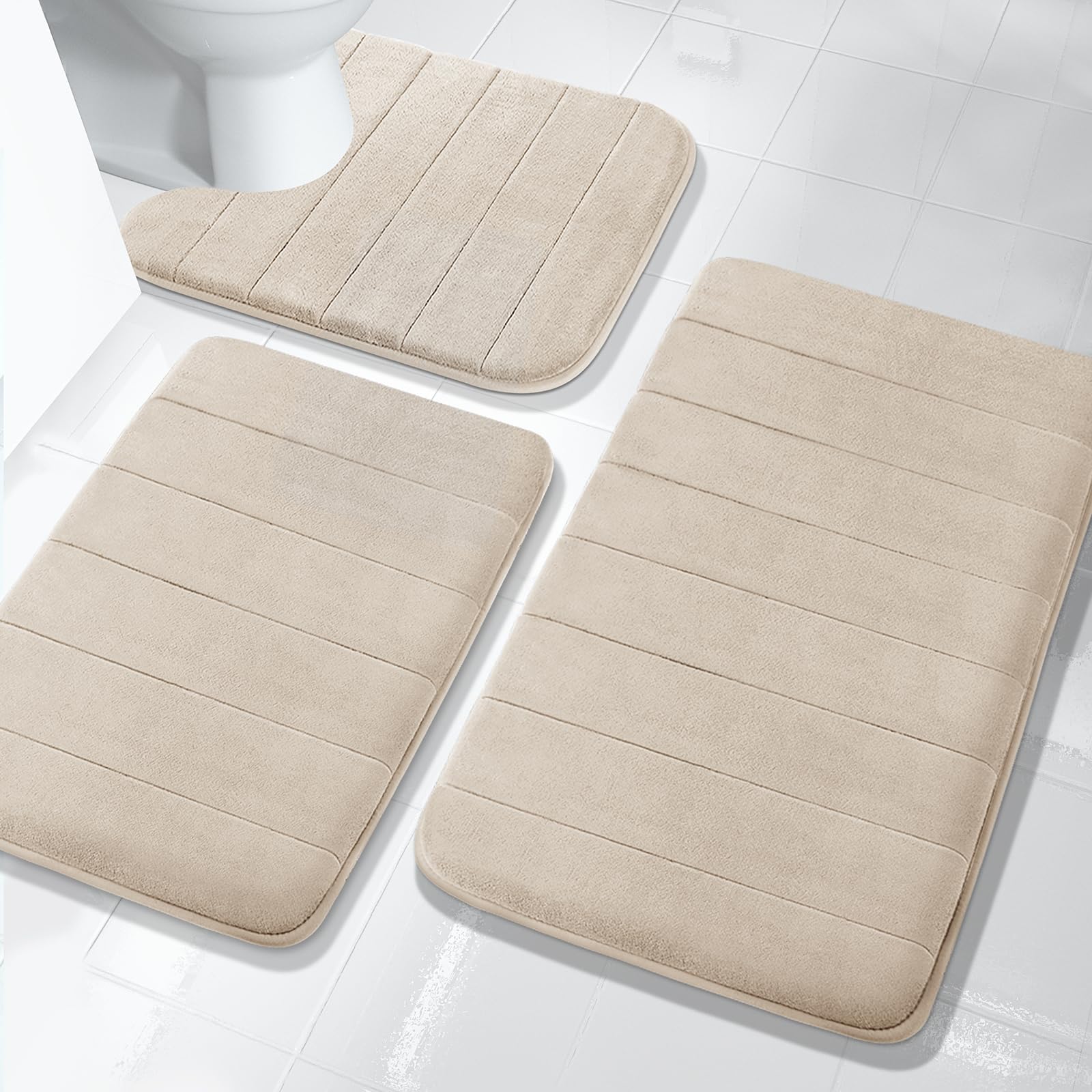 Yimobra 3 Pieces Memory Foam Bath Mat Sets, 31.5 X 19.8 + 17X24 And U-Shaped For Bathroom Rugs, Toilet Mats, Non-Slip, Soft Comf