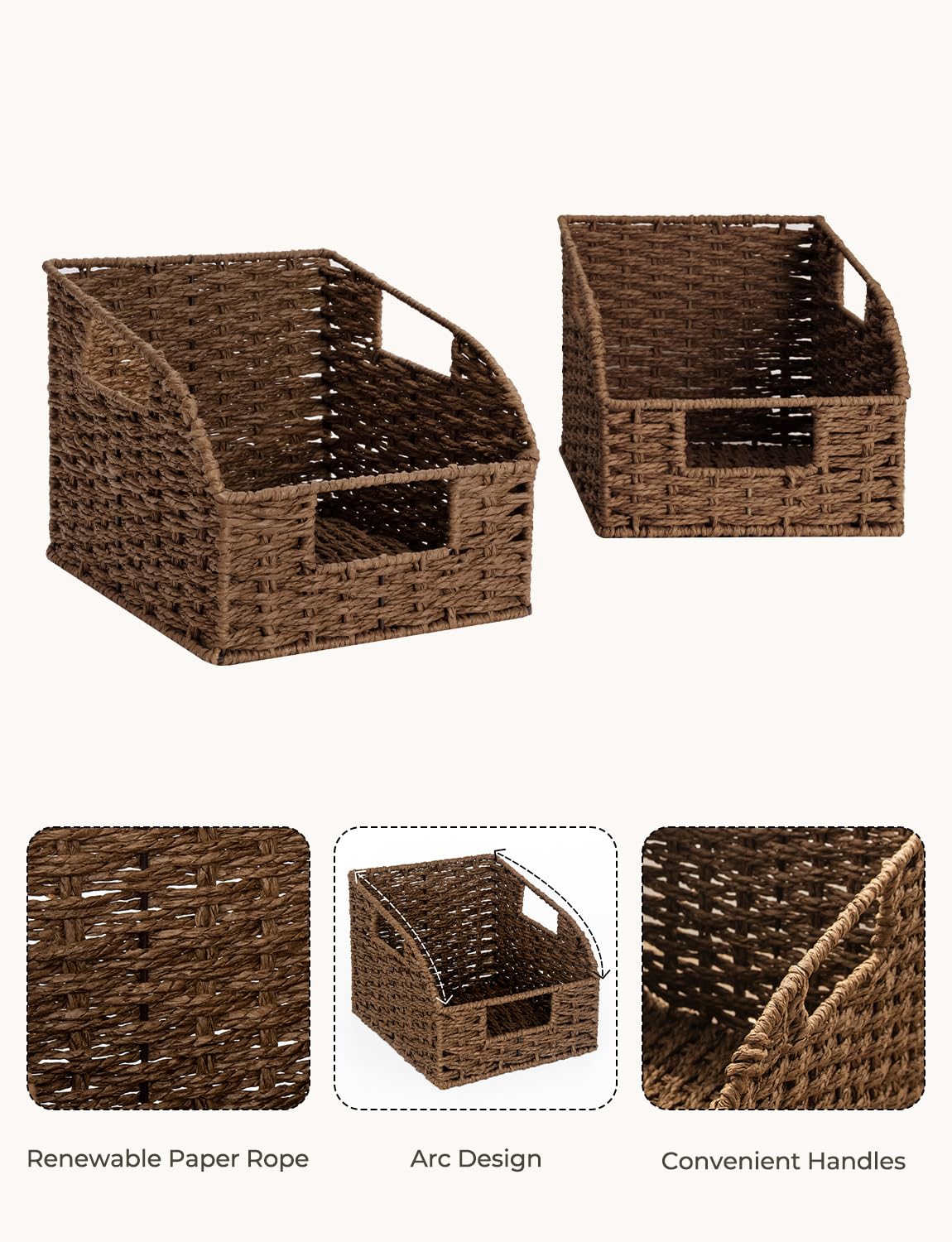 Storageworks Round Paper Rope Storage Baskets With Built-In Handles, Hand Woven Baskets For Organizing, Dark Brown, 8 Al X 9 Aw