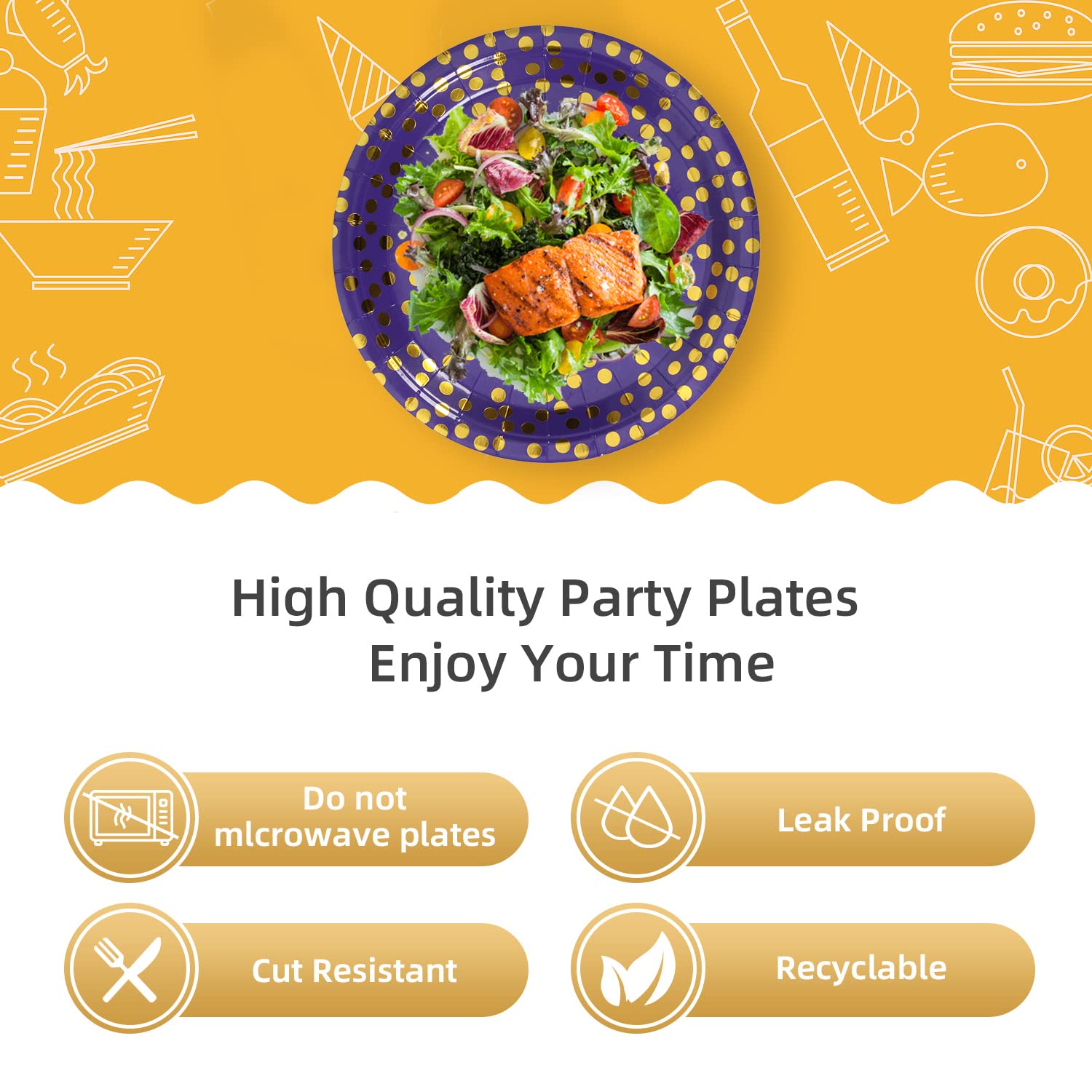 Cenlbj Purple And Gold Paper Plates,7Inch Purple Dessert Party Plates,Purple Foil Polka Dots Paper Plates For Birthdays,Graduati