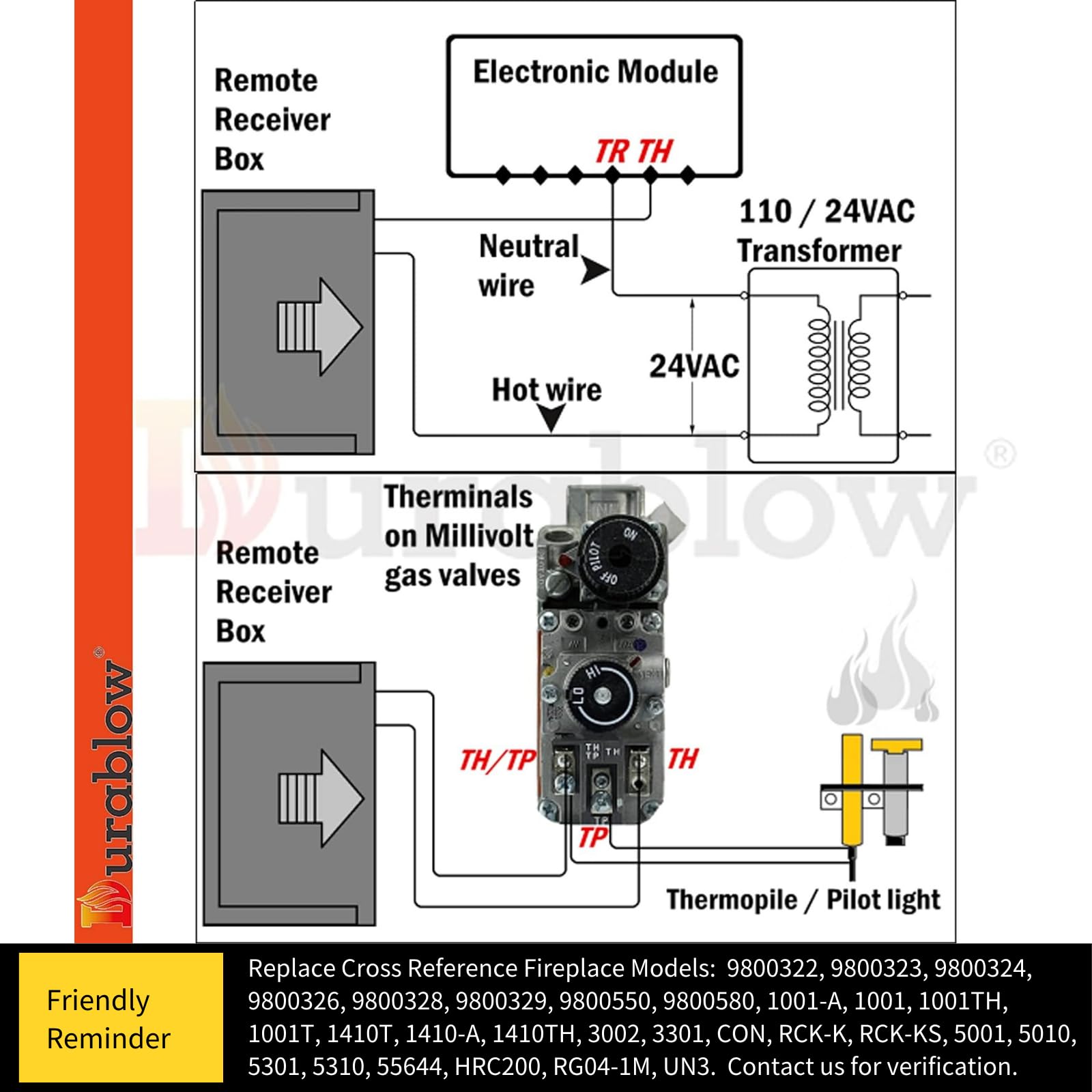 Durablow TR1003 On/Off Gas Fire Fireplace Remote Control Kit + Thermostat + Timer with LCD Screen for Millivolt Valve  IPI Module  Replaces Wall Switch  Thermostat  Wireless Thermostat Control Module
