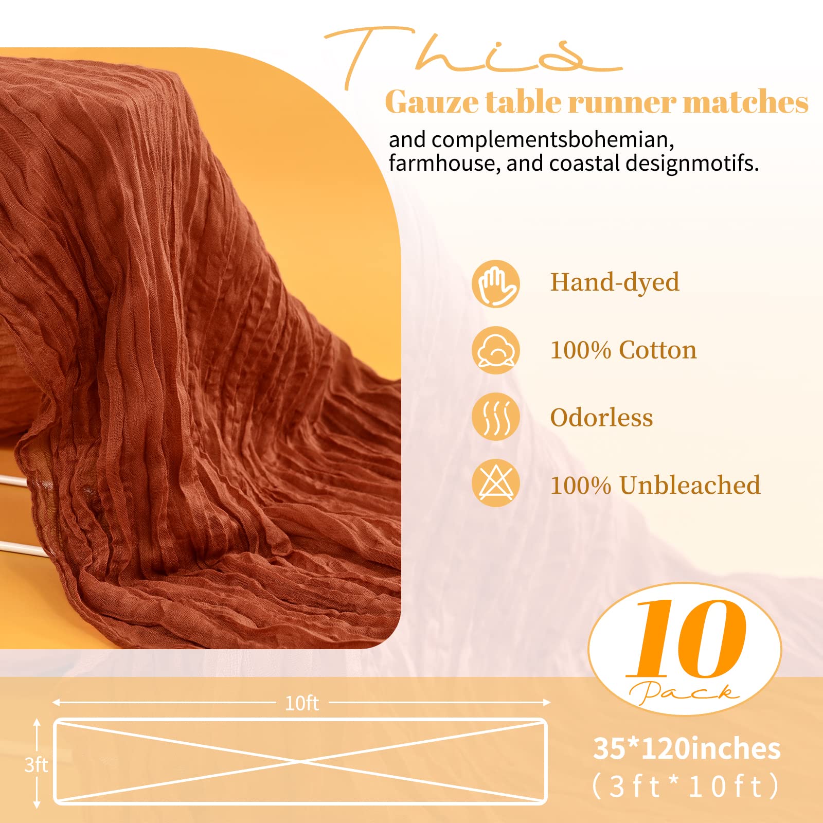 10Pack Terracotta Cheesecloth Table Runner, 10Ft Gauze Rustic Boho Cheese Cloth Table Runner 35X120 Inch Long Romantic Sheer Tab