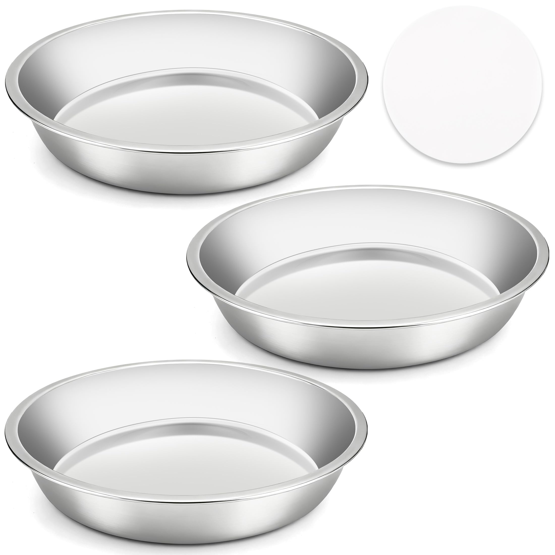 Gymdin Cake Pan Set of 3-8 Inch Stainless Steel Cake Pans with 100 Parchment Paper, Nonstick, Mirror Finish for Easy Release, Ev