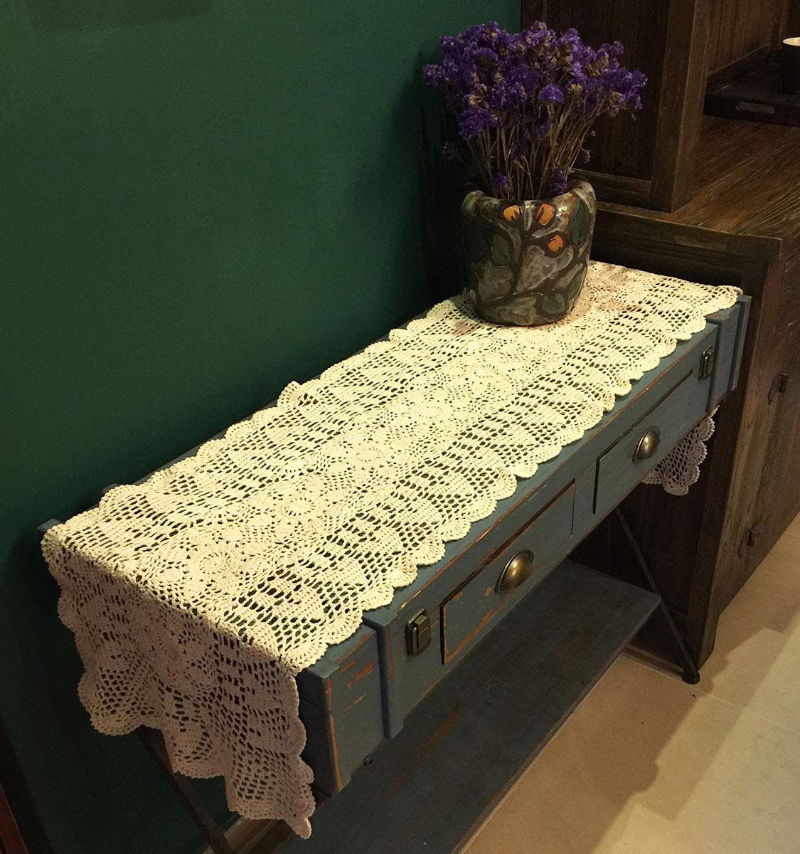 Janef Beige Handmade Crochet Doilies Cotton Table Runner Lace Doilies Doily Rectangle Dresser Scarves For Bedrooms,16 By 63 Inch