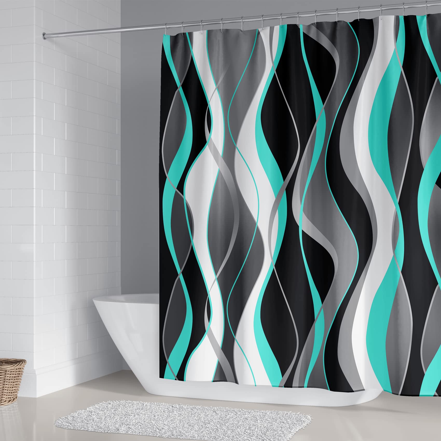 4Pcs Turquoise Shower Curtain Sets With Non-Slip Rugs, Toilet Lid Cover And Bath Mat, Black And Gray Bathroom Decor Set Accessor