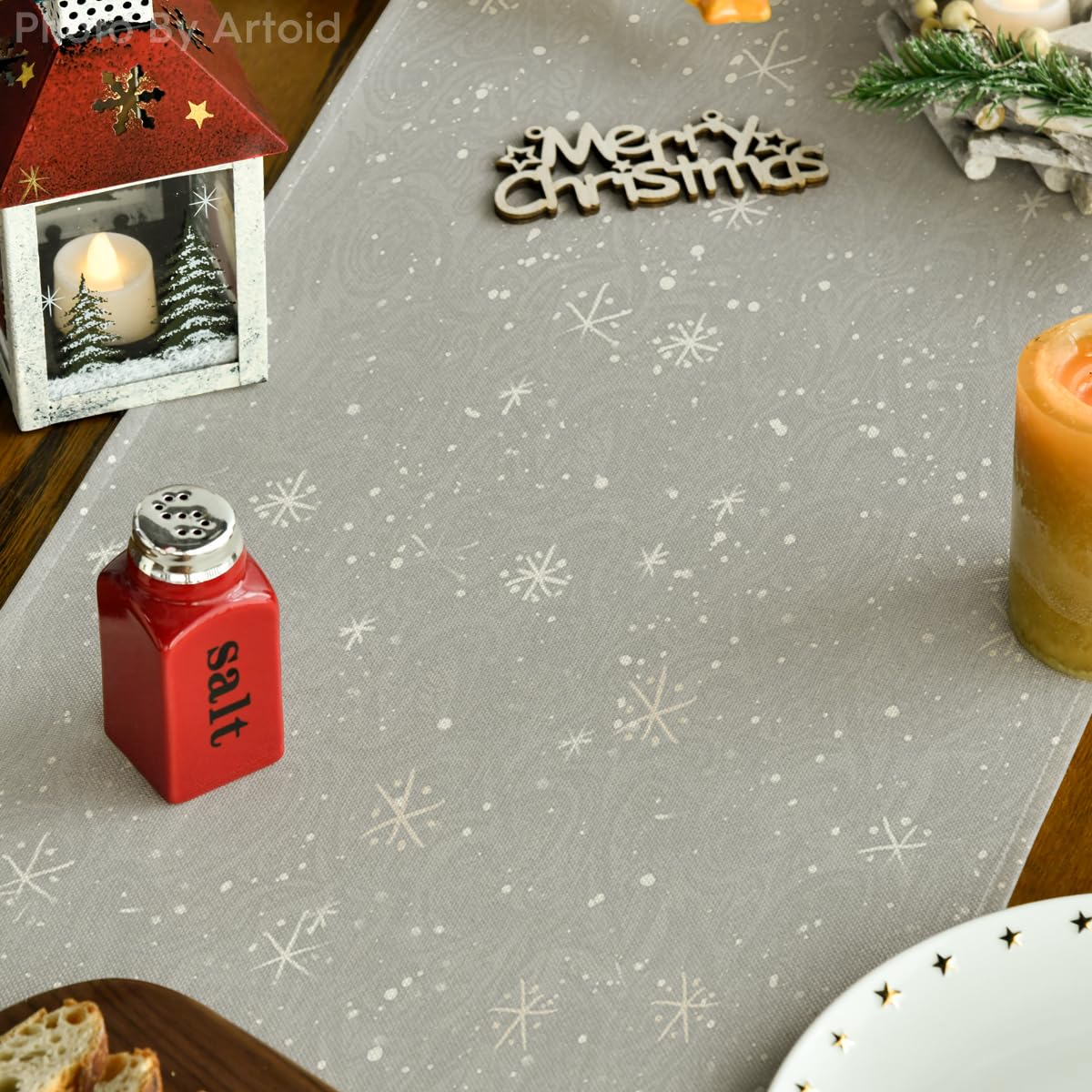 Artoid Mode Snowman Birds Trees Christmas Table Runner, Seasonal Silver Winter Holiday Kitchen Dining Table Decoration For Home
