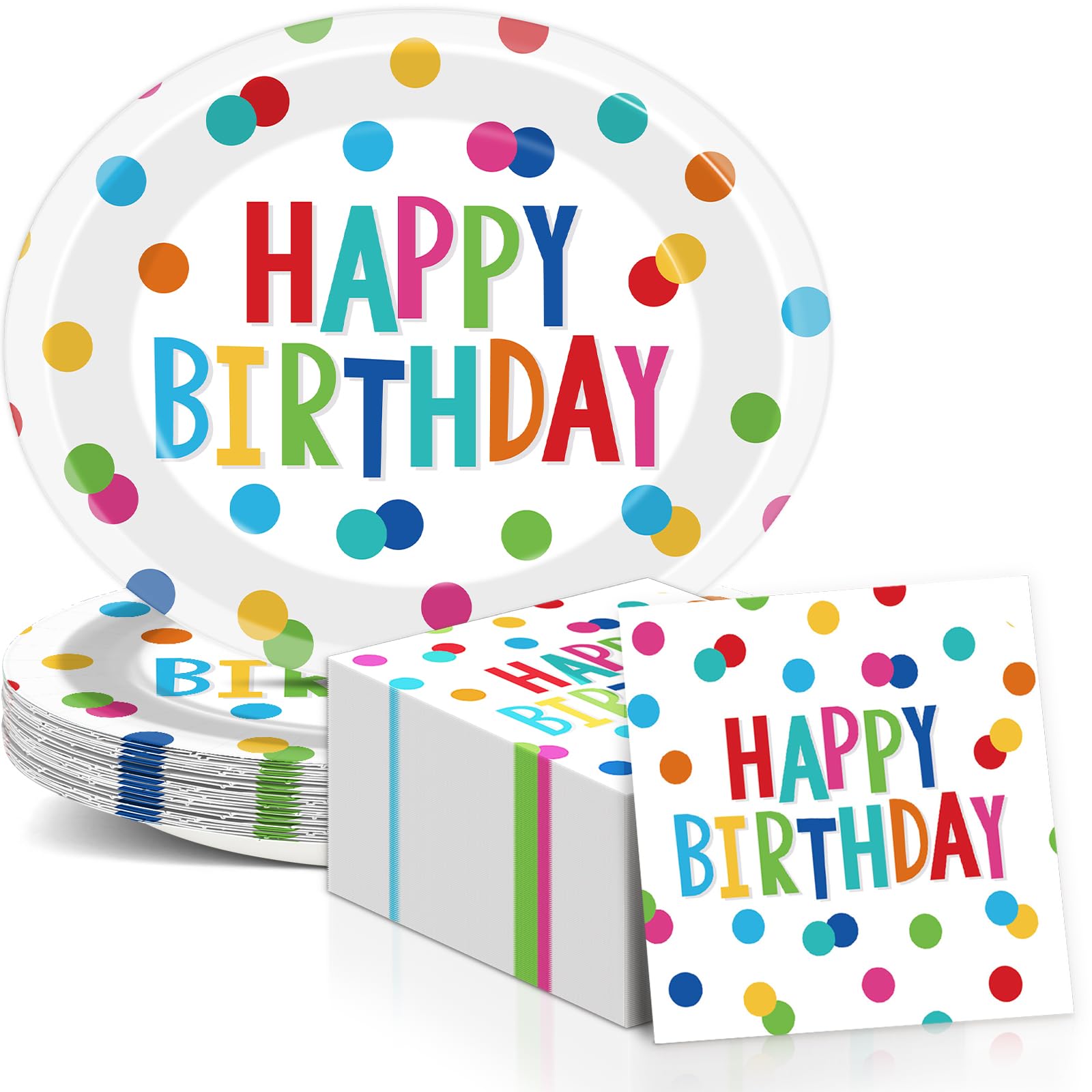 Birthday Party Oval Paper Plate 11inch Large Happy Birthdays Plates and Napkins, Colorful Dots Party Decoration Favor Dish Tray 