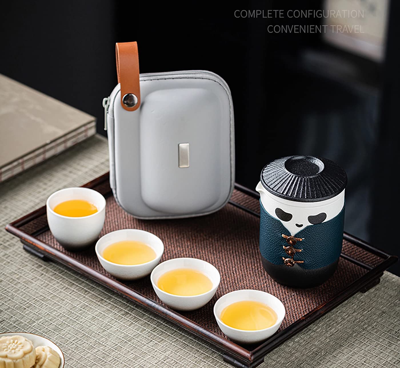 Tuchaca Travel Tea Set, Cute Panda Tea Cup With Portable Bag, 13Oz Chinese Ceramic Gongfu Teapot With 4 Ceramic Teacups, With Te