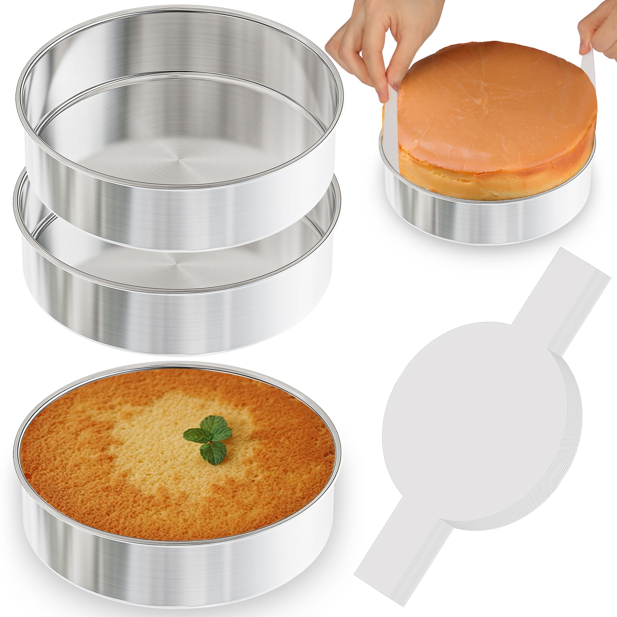 7 Inch Round Cake Pans Set of 3, Nonstick Stainless Steel Baking Pans Set with 100PCS Parchment Papers, Heavy Duty Durable Birth