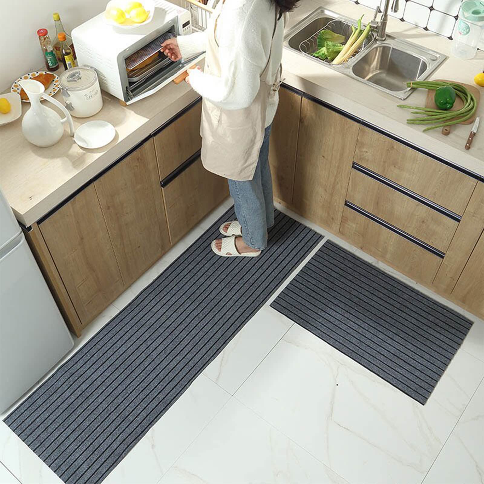 Wolpin Cotton Kitchen Floor Mat Runner With Anti Skid Backing Home Striped Anti Slip Rug (Grey, 40 X 120 Cm)