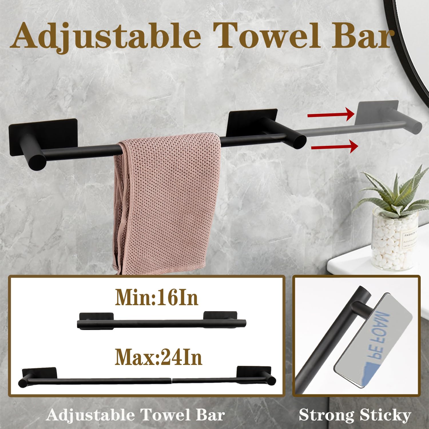 Vanloory 5 Pcs Self Adhesive Bathroom Hardware Set, Stainless Steel Towel Rack Set Include Adjustable 24In Bath Towel Bar+Toilet