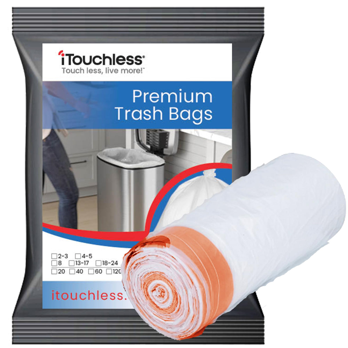 Itouchless Tall Trash Bags, Fits 8 Gallon Garbage Can, 40 Count, Strong Bathroom Bedroom Kitchen Rubbish Bin Liners For Waste Re