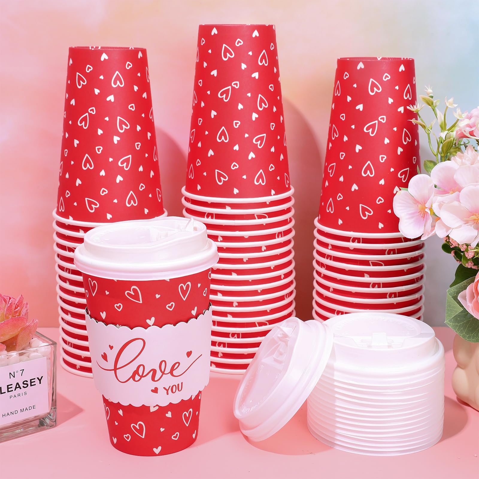 Whaline 50 Set Valentine'S Day Disposable Coffee Cups With Lids And Sleeves Red White Love Heart Paper Drinking Cups For Wedding