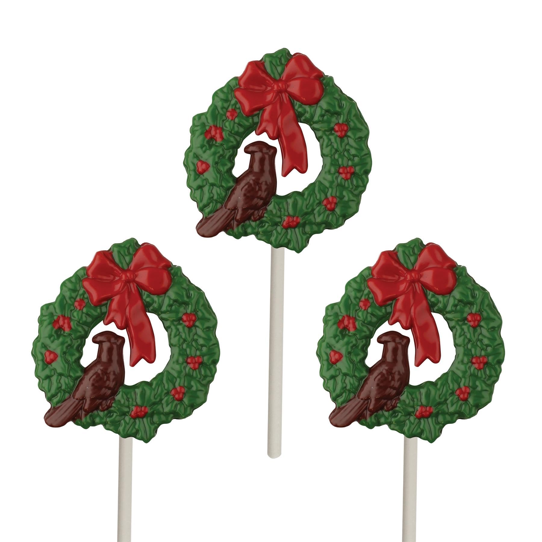 Wreath With Cardinal Christmas Chocolate Mold W/Lollipop Supply Kit (50 Lollipop Sticks, 50 Cello Bags, 25 Red & 25 Green Twist