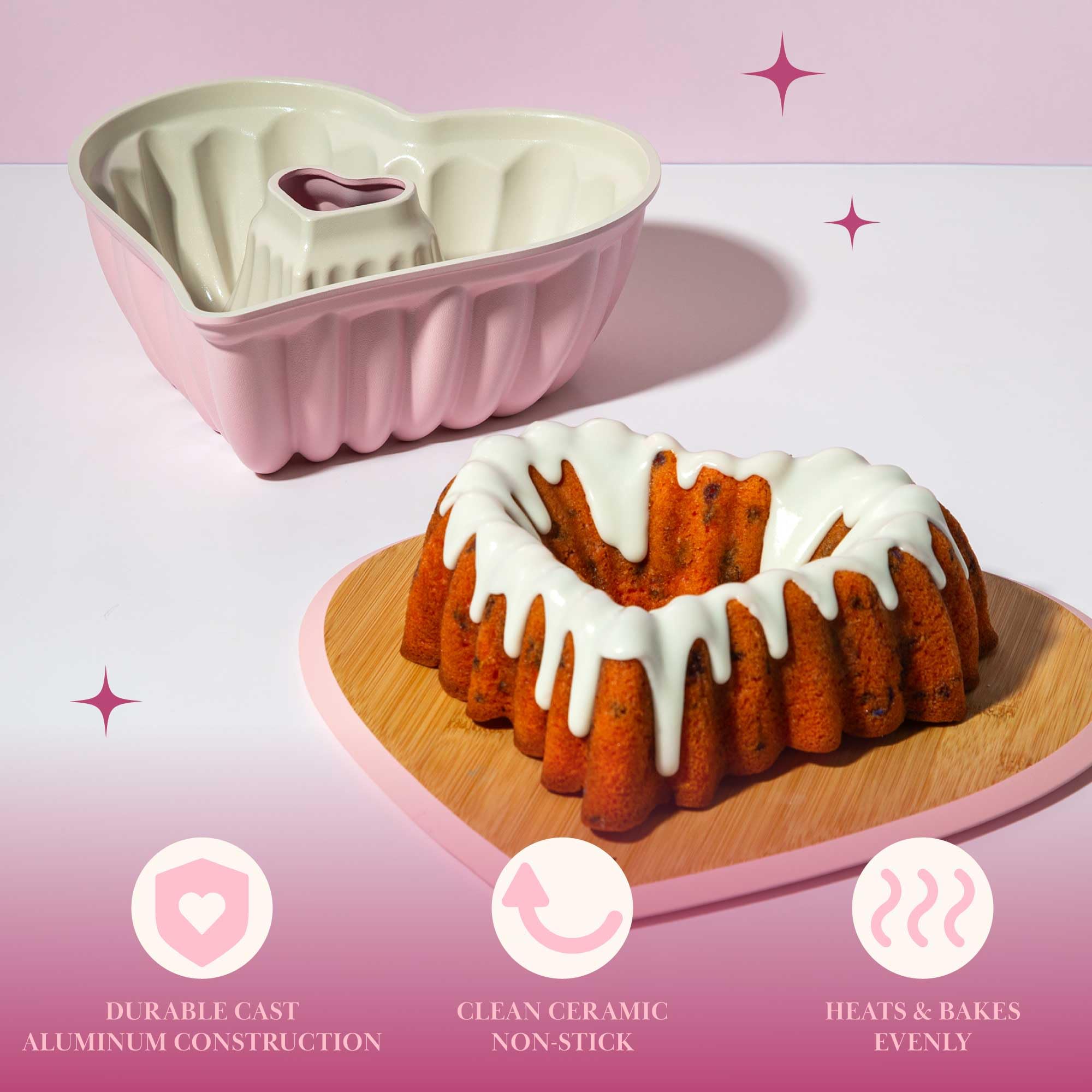 Paris Hilton Heart Shaped Fluted Cake Pan, Cast Aluminum With Clean Ceramic Nonstick Bakeware, Dishwasher Safe, Made Without Pfa