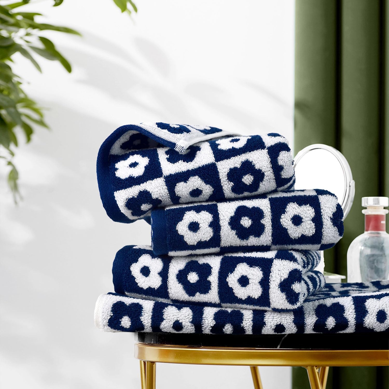 Jacquotha Hand Towels For Bathroom Navy Blue & White - Checkered Floral Decorative Hand Towel Set Of 4, 100% Cotton, 13X29 Inche