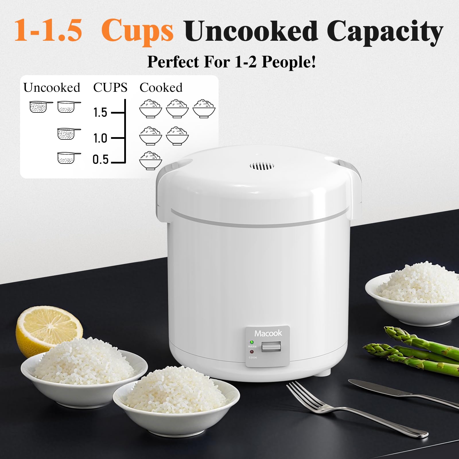 Macook Mini Rice Cooker, 1-1.5 Cups Uncooked, One Touch & Keep Warm, White and Grey, Model CA-Mini RC