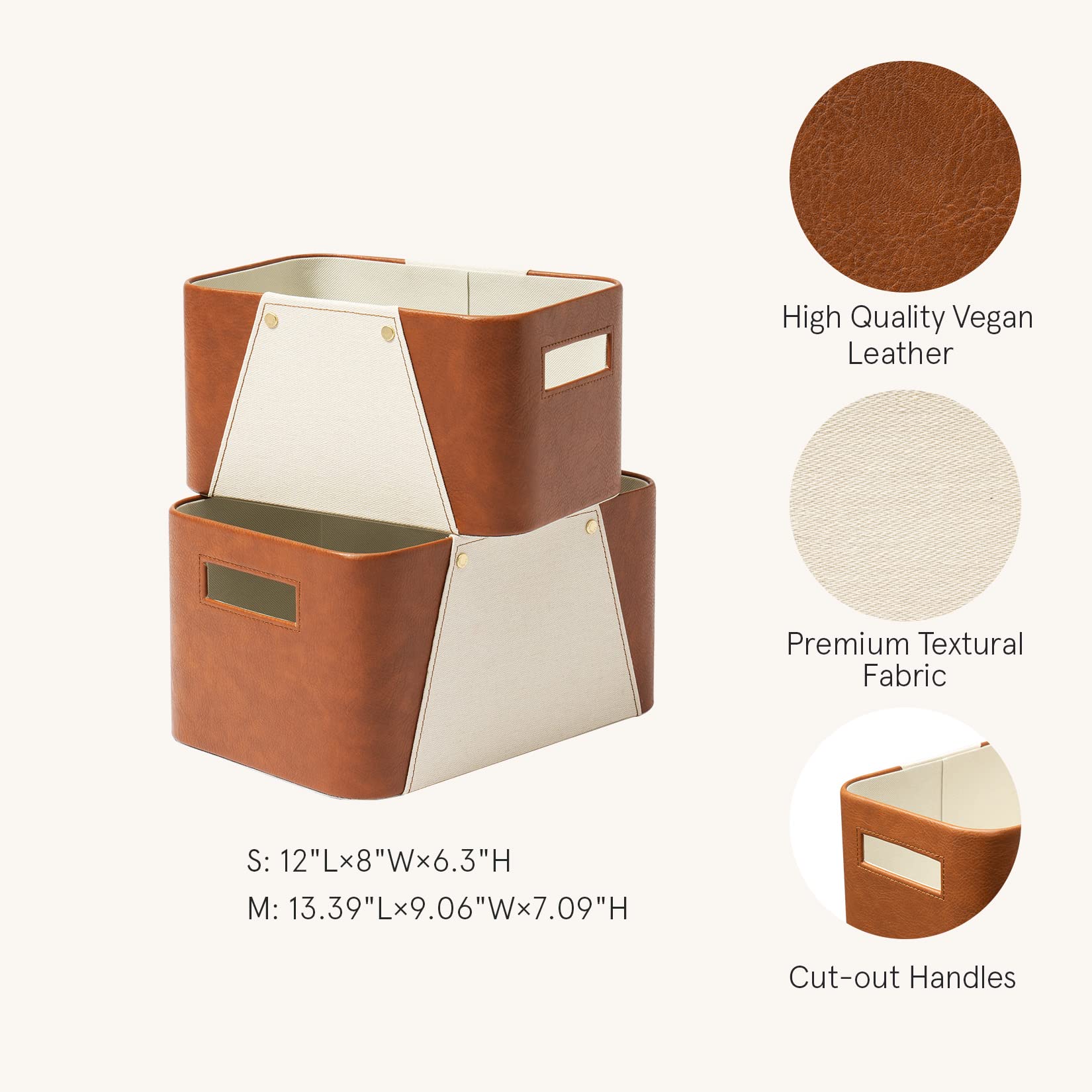 La Jolie Muse Storage Baskets For Organizing, 2 Pack, Storage Cube Boxes Luxury Brown Vegan Leather And Beige Greige Fabric For