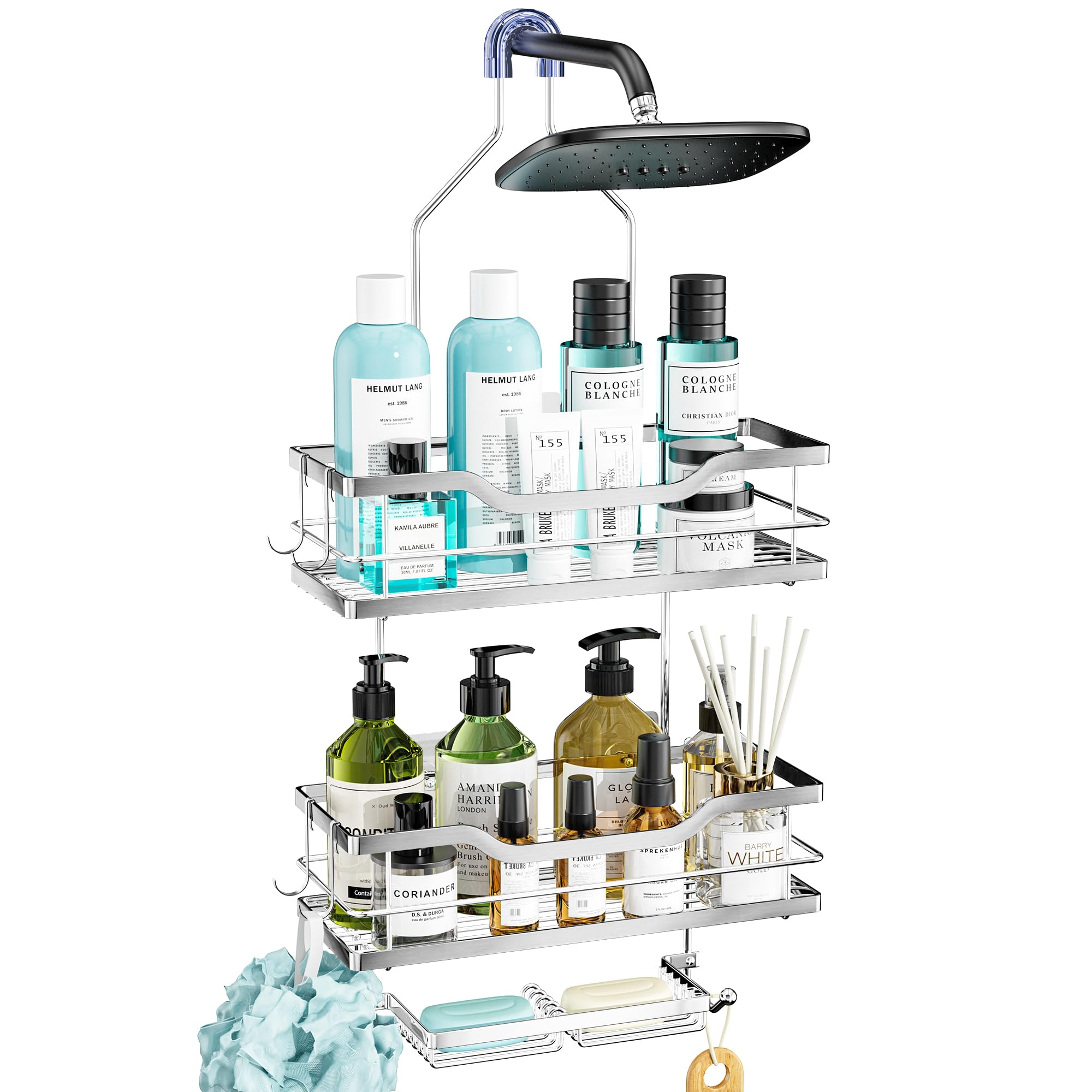 Consumest Shower Caddy Over Shower Head With Soap Holder, No Drilling Hanging Shower Organizer With 4 Movable Hooks, Rustproof &