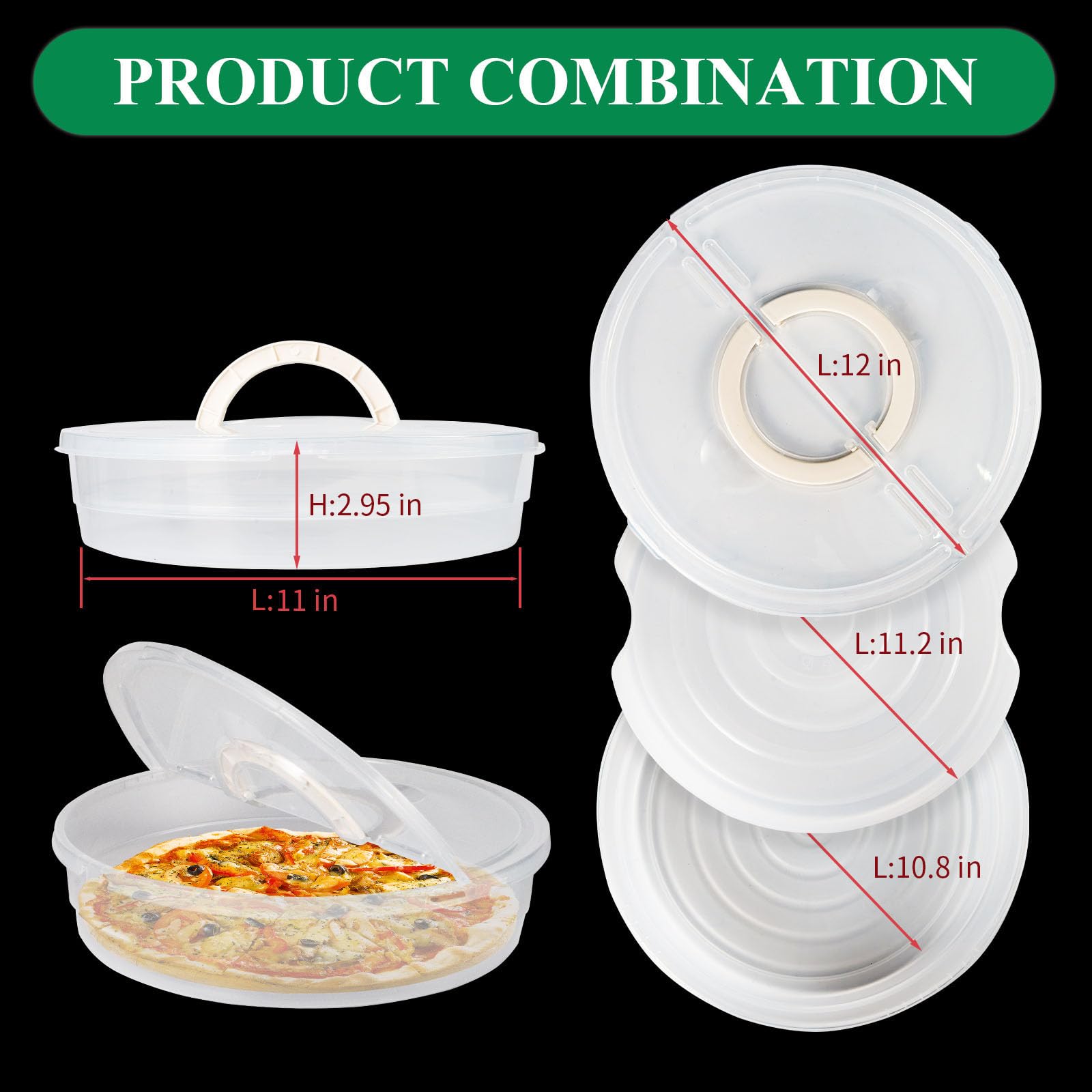 2 Pack 12Inch Food Storage Container,With Lid And Handle, Reusable 2 Compartments Pizza Storage Container, Pie Container Leftove