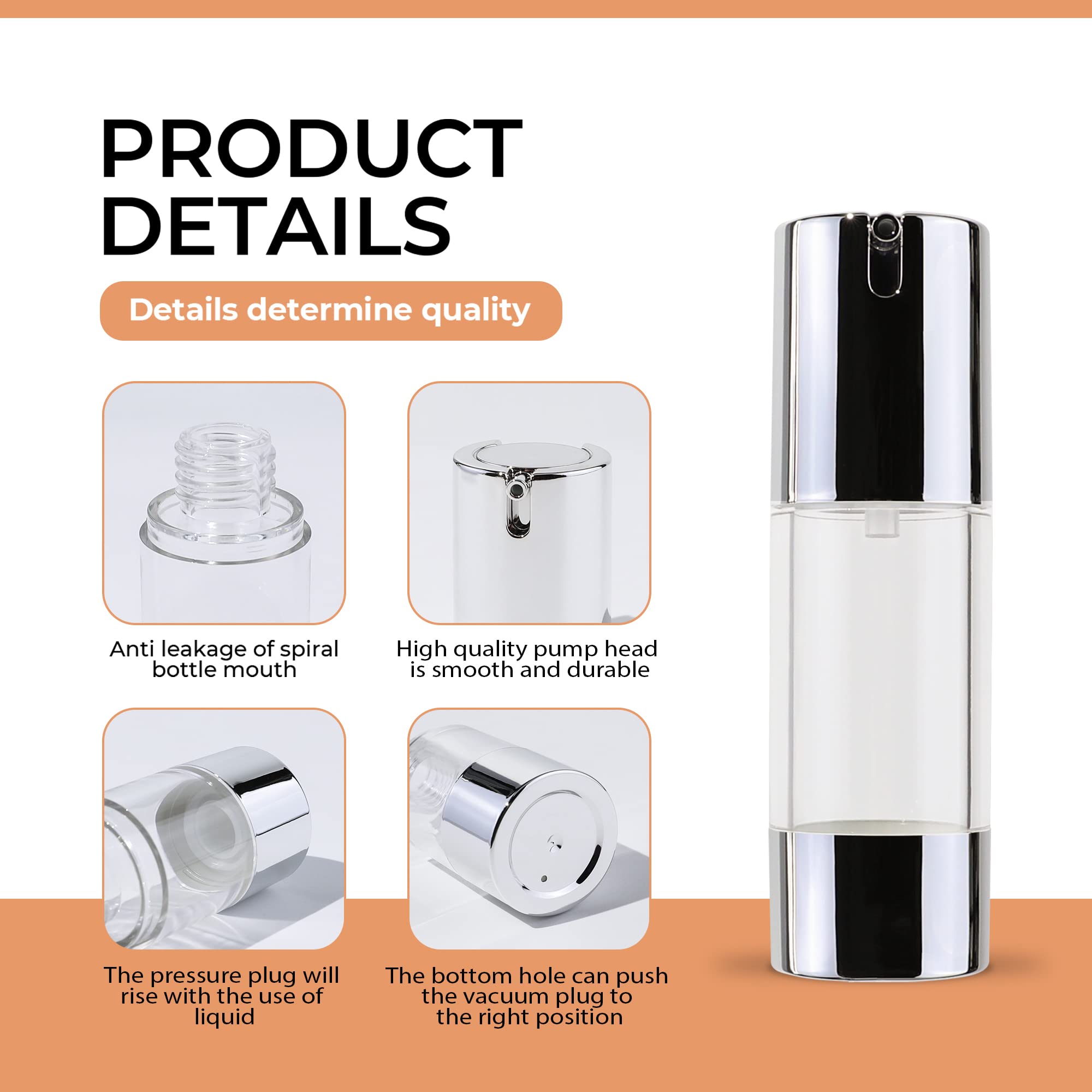 Longway Silver Airless Cosmetic Cream Pump Bottle Travel Size Dispenser Refillable Containers(1Oz/30Ml,Pack Of 6)