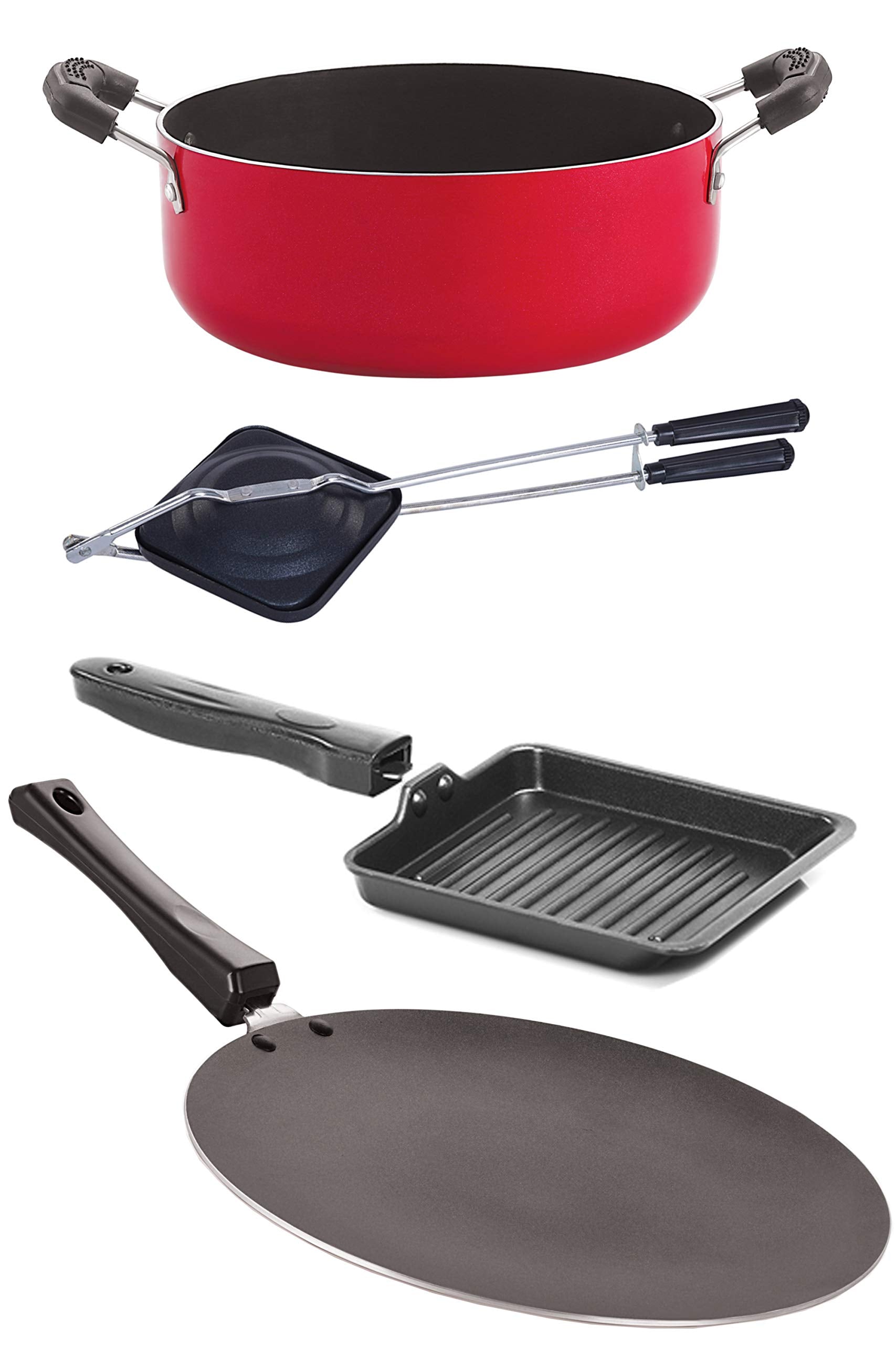 Nirlon Nonstick Coated Heat Resistance Pfoa Free Aluminium Cookware Gift 4 Pieces Set (1 Concave Tawa 27.5Cm /1 Small Grill Pan 