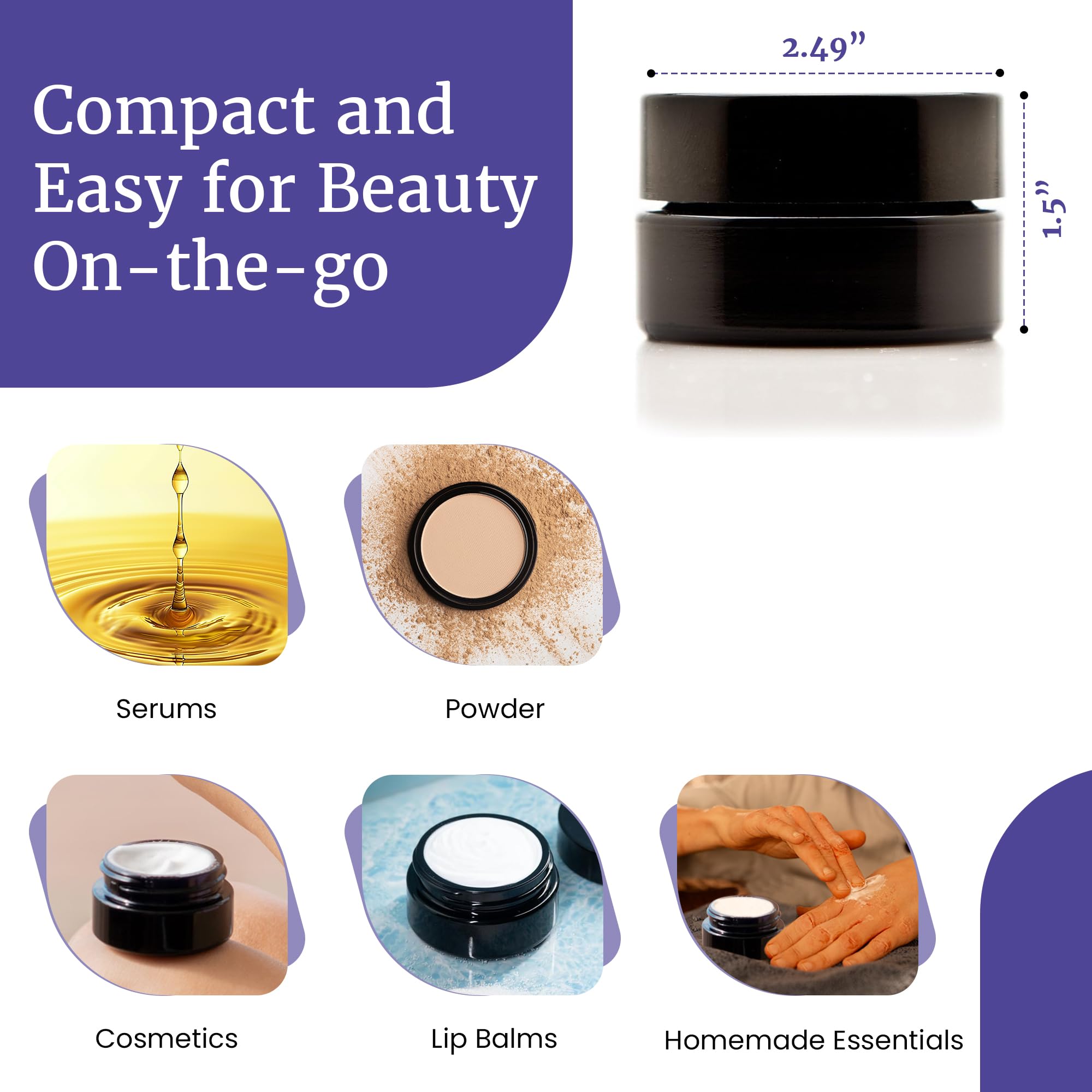 Infinity Jars Screw Top Jar 50 Ml (1.7 Fl Oz) Black Ultraviolet Refillable Cosmetic Style Travel Bottle Glass Jar Empty Cosmetic
