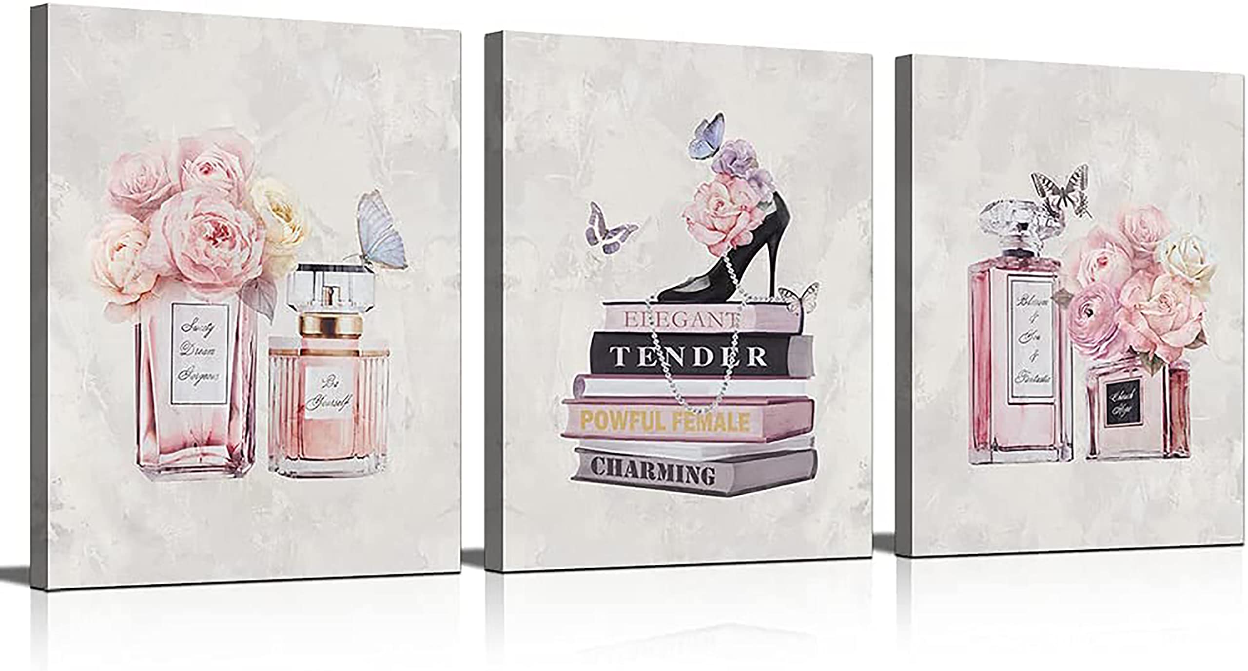 Wanboya Fashion Women Canvas Wall Art Pink Flower Perfume Modern Art Prints With Book High Heel 3 Pieces Canvas Pictures Girl Ro