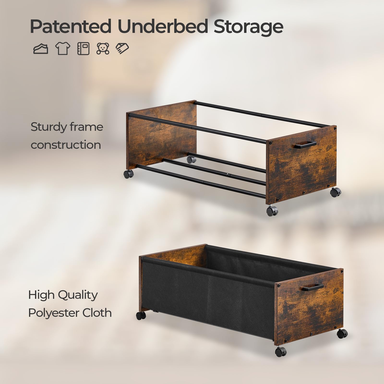 FOUCSSOMEI Under Bed Storage with Wheels, Bigger Size, Under Bed Drawers Heavy Duty, 2 Packs, Wooden Under Bed Storage Container
