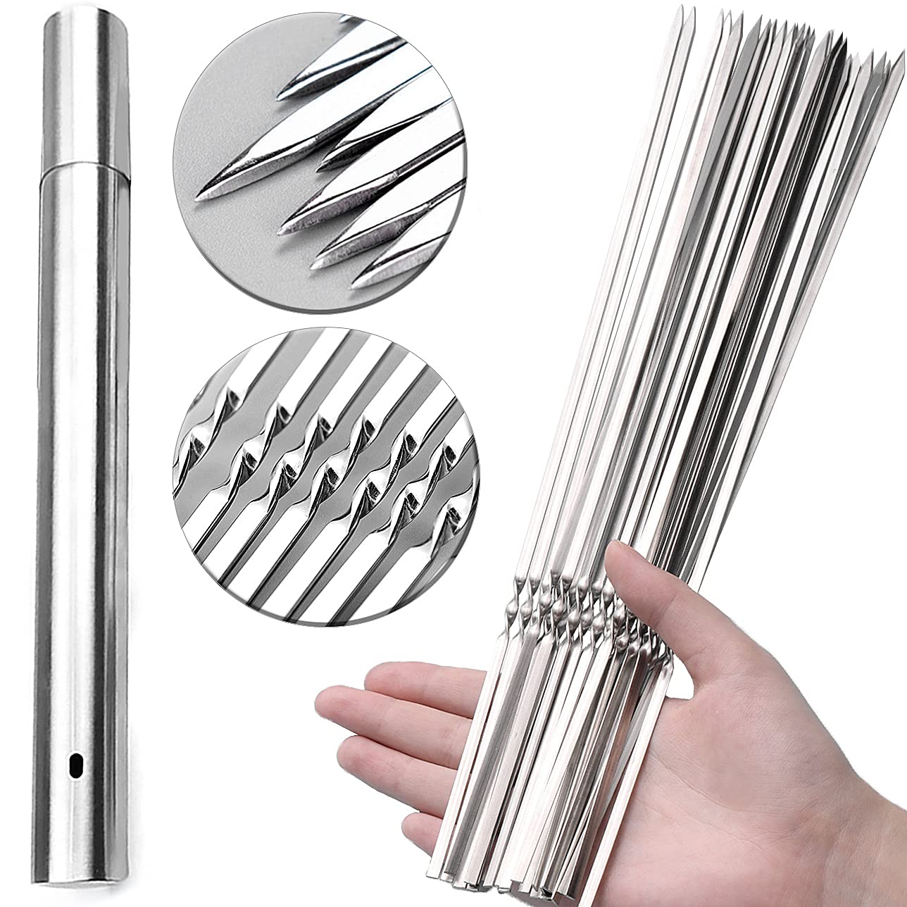 Centerz 30 Pack Kebab Skewers, 15'' Long Flat Stainless Steel Bbq Shish Kabob Skewers With Portable Metal Storage Tube, Reusable