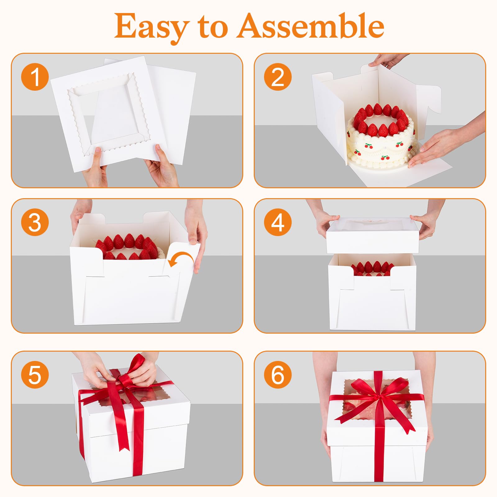 Sudaya 3Pcs 10x10x5 Cake Boxes with Window, Cake Boxes 10 inch withTall Cakes Boards Ribbon Stickers, 10in Disposable Bakery Con