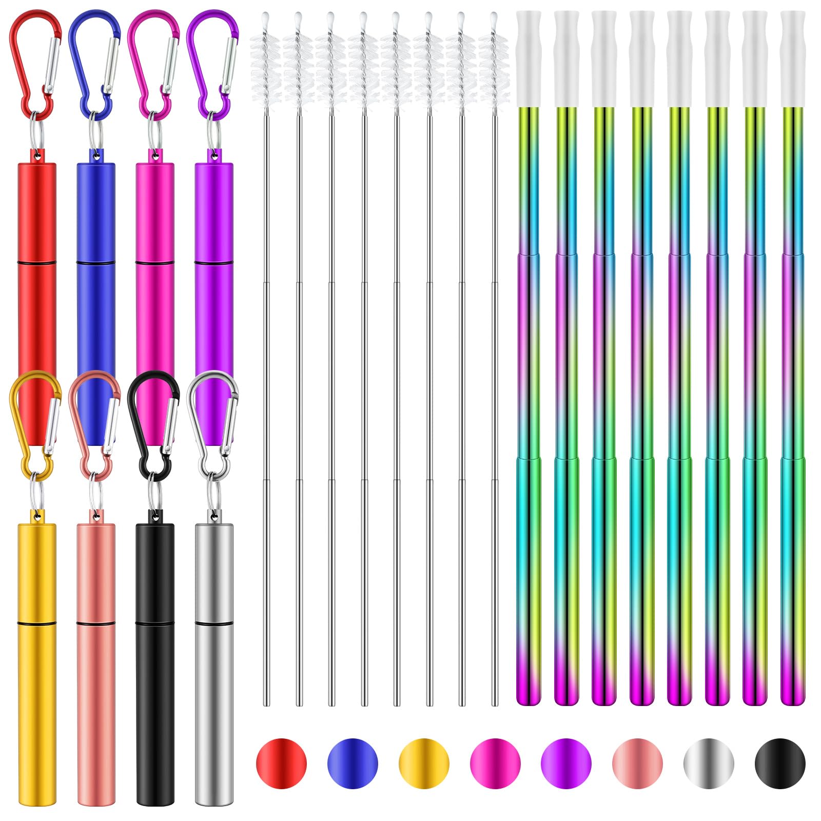 Zubebe 8 Pack Metal Reusable Straw Collapsible Straws Stainless Steel Drinking Straw with Plastic Case Silicone Tip and Cleaning