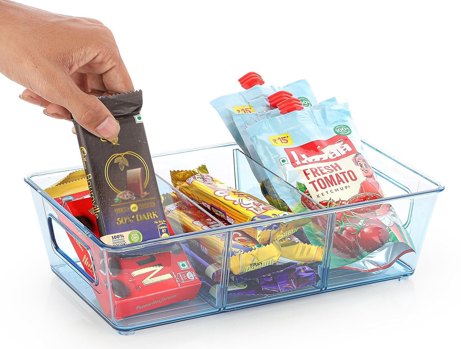 Netravya Fridge Storage Containers Organizer Bins, 3 Partition Stackable Fridge Storage Basket, Plastic Freezer Storage Containe