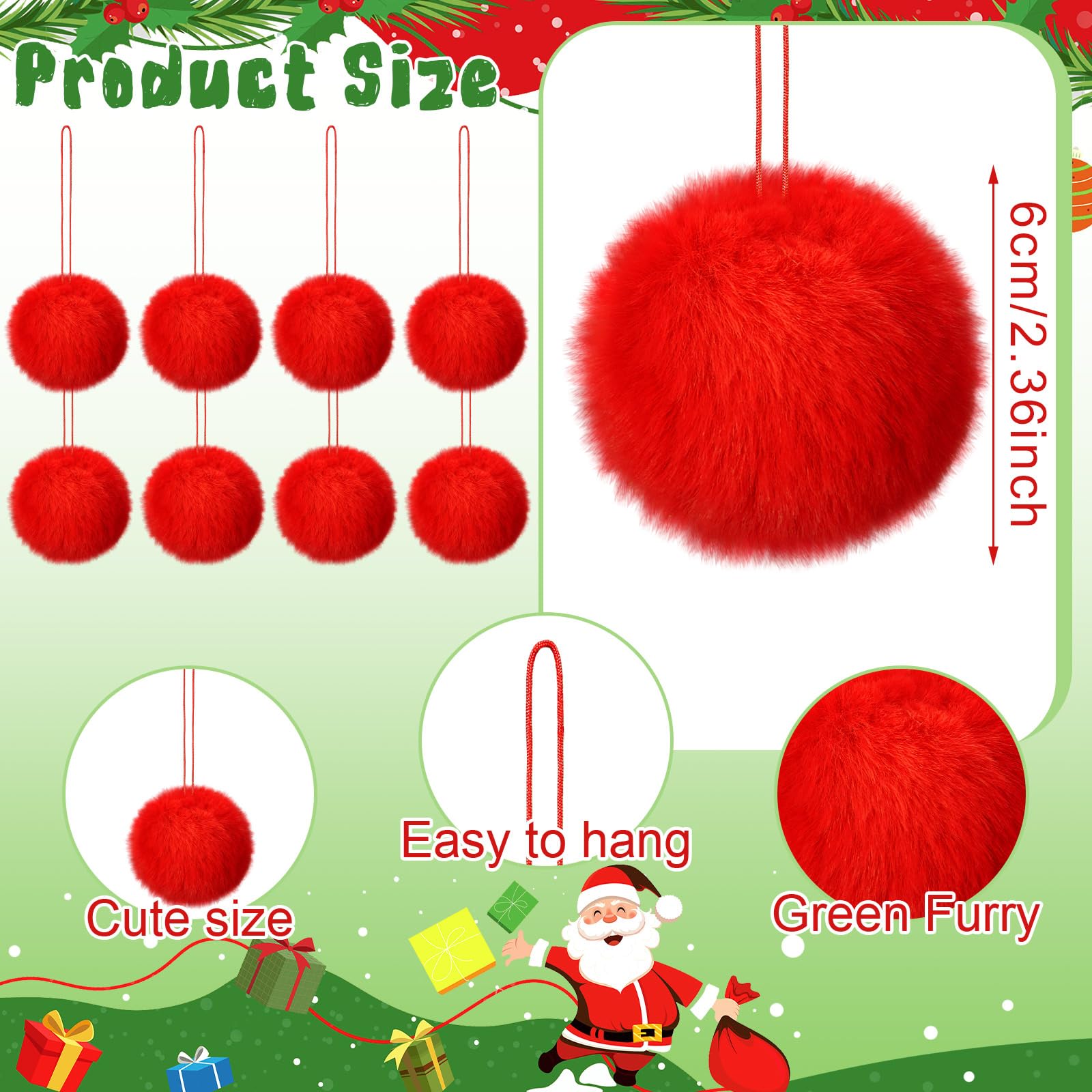 Gejoy 12 Pcs Red Furry Christmas Ball Ornaments for Xmas Tree Red Christmas Hanging Decorations Soft Faux Fur Pom Pom Ball Ornam