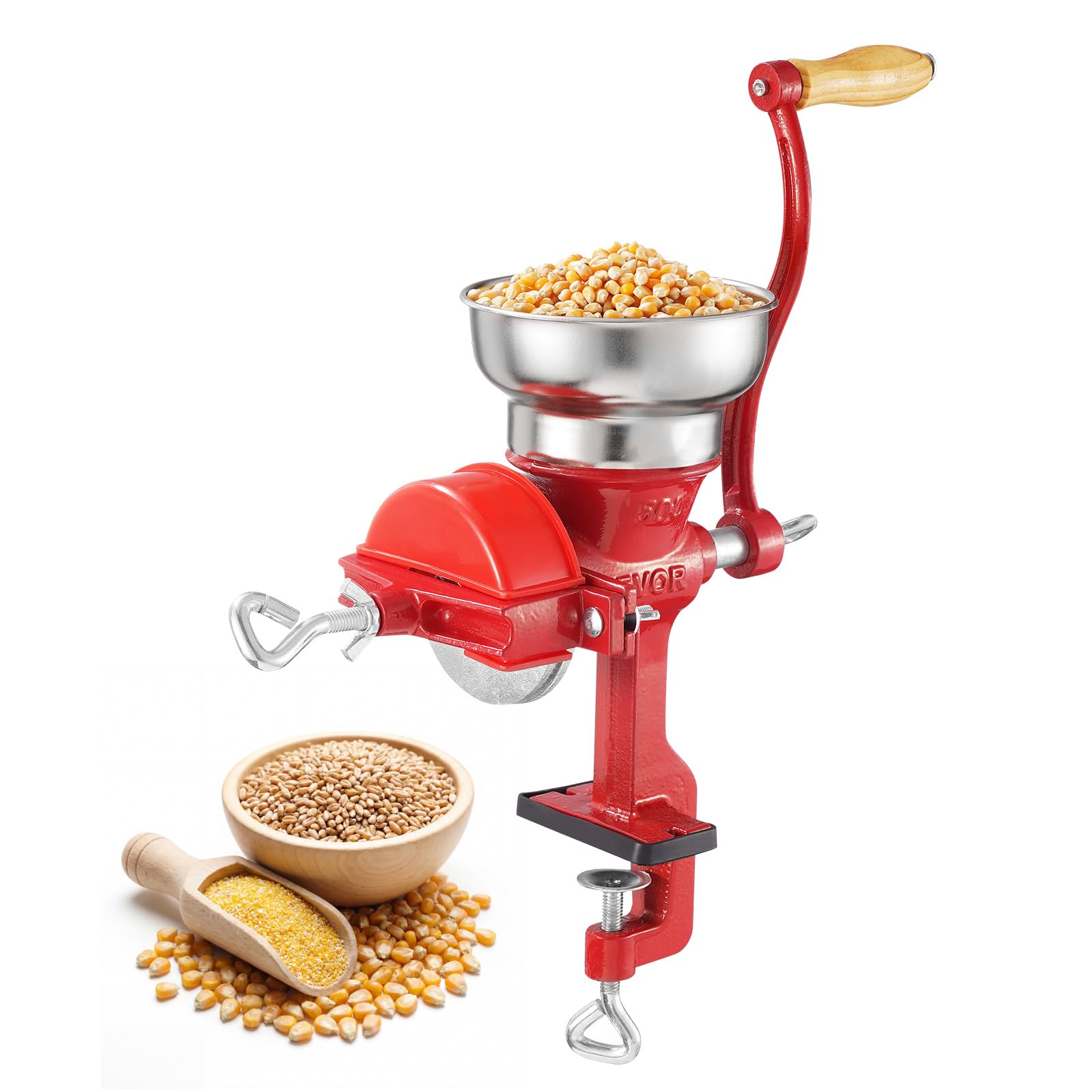 VEVOR Manual Grain Mill with Low Hopper, Hand-Crank Corn Grinder, Heavy Duty Cast Iron Wheat Grinding Mill with Stable Table Cla
