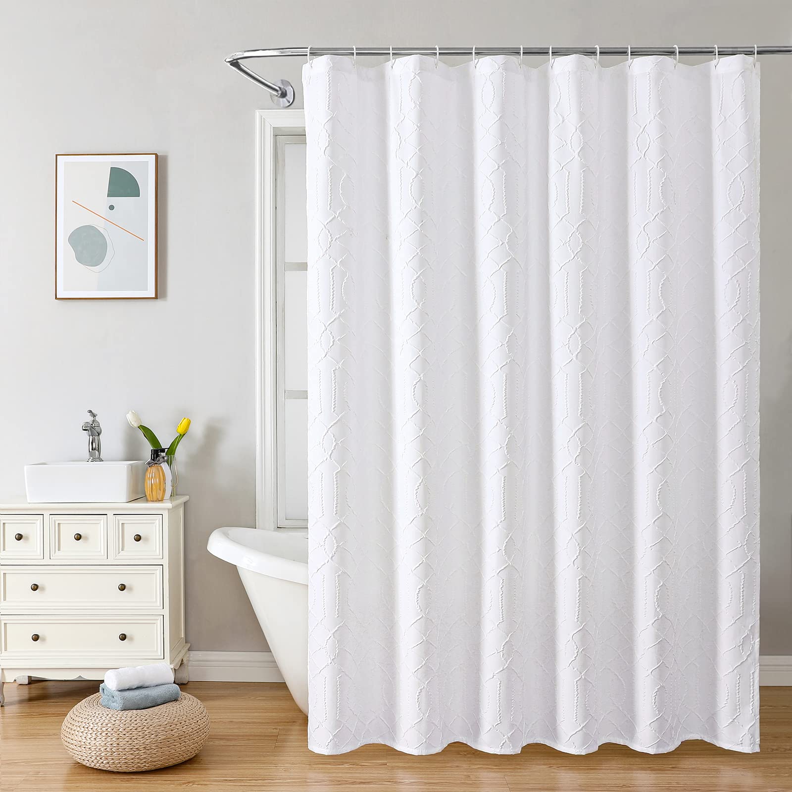 Gibelle White Shower Curtain For Bathroom, 3D Embossed Geometric Textured Fabric Shower Curtain Set With Hooks, Modern Farmhouse