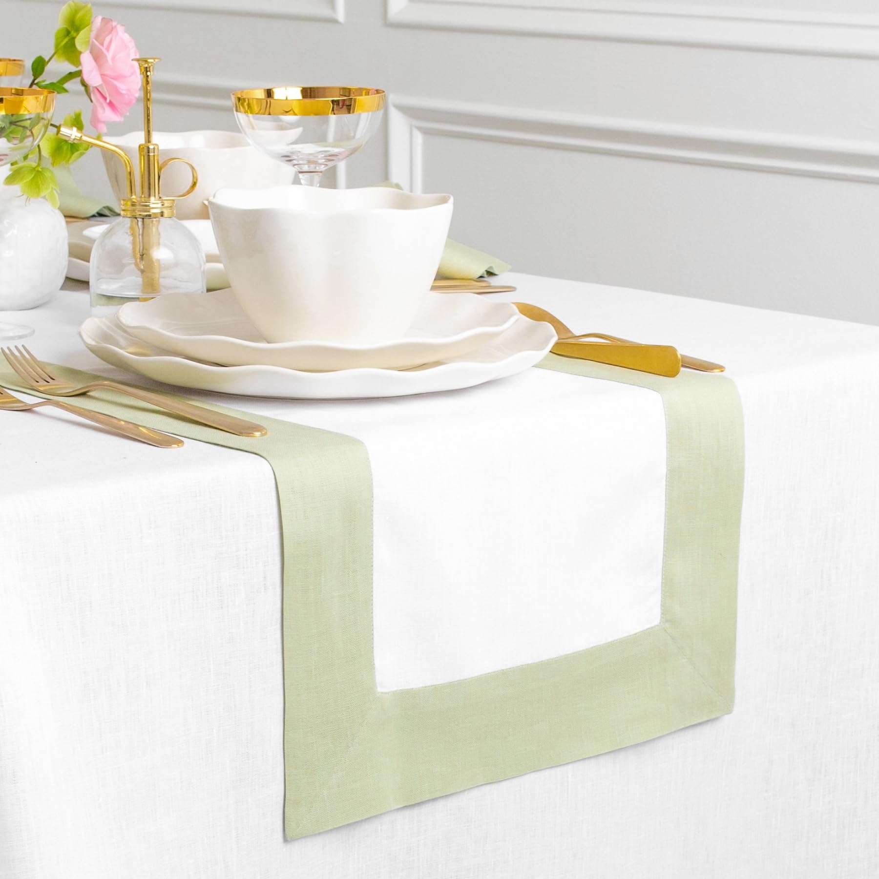 Solino Home Linen Table Runner 72 Inches Long - Contempo, 100% Pure Linen Sage Green And White Table Runner 14 X 72 Inch Ideal F